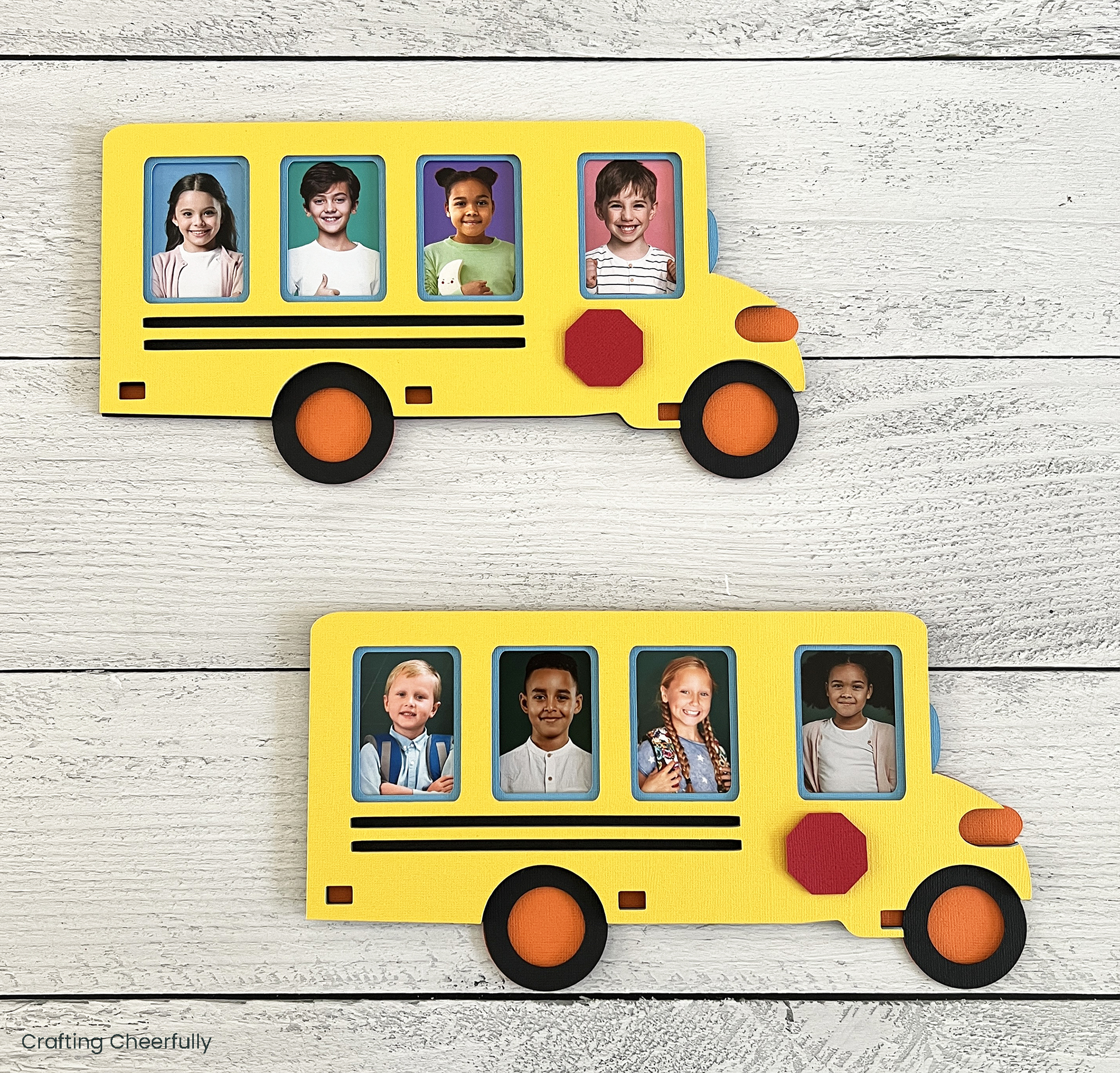 Two paper school bus frames.