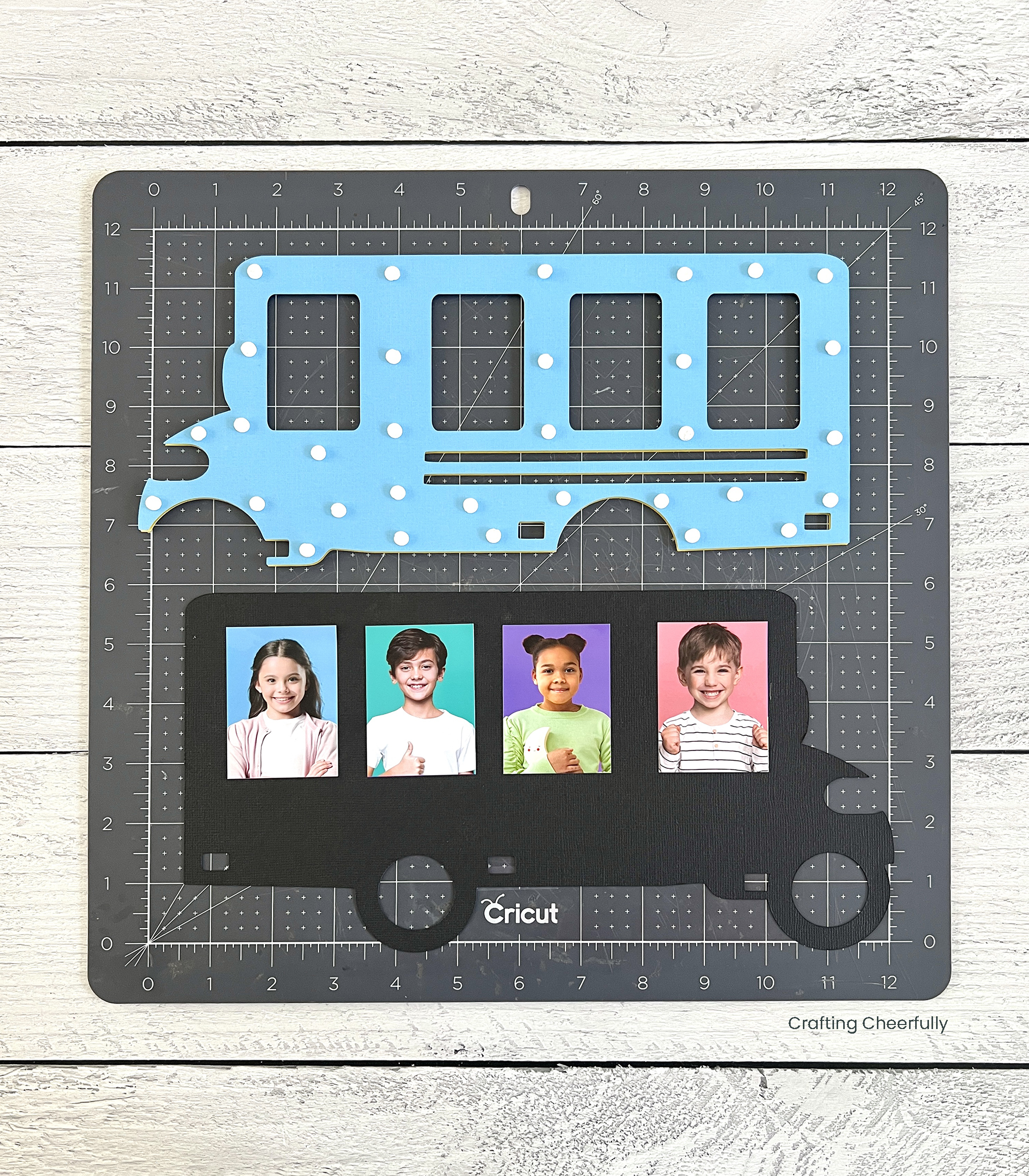 Foam dots cover the back of the blue paper.