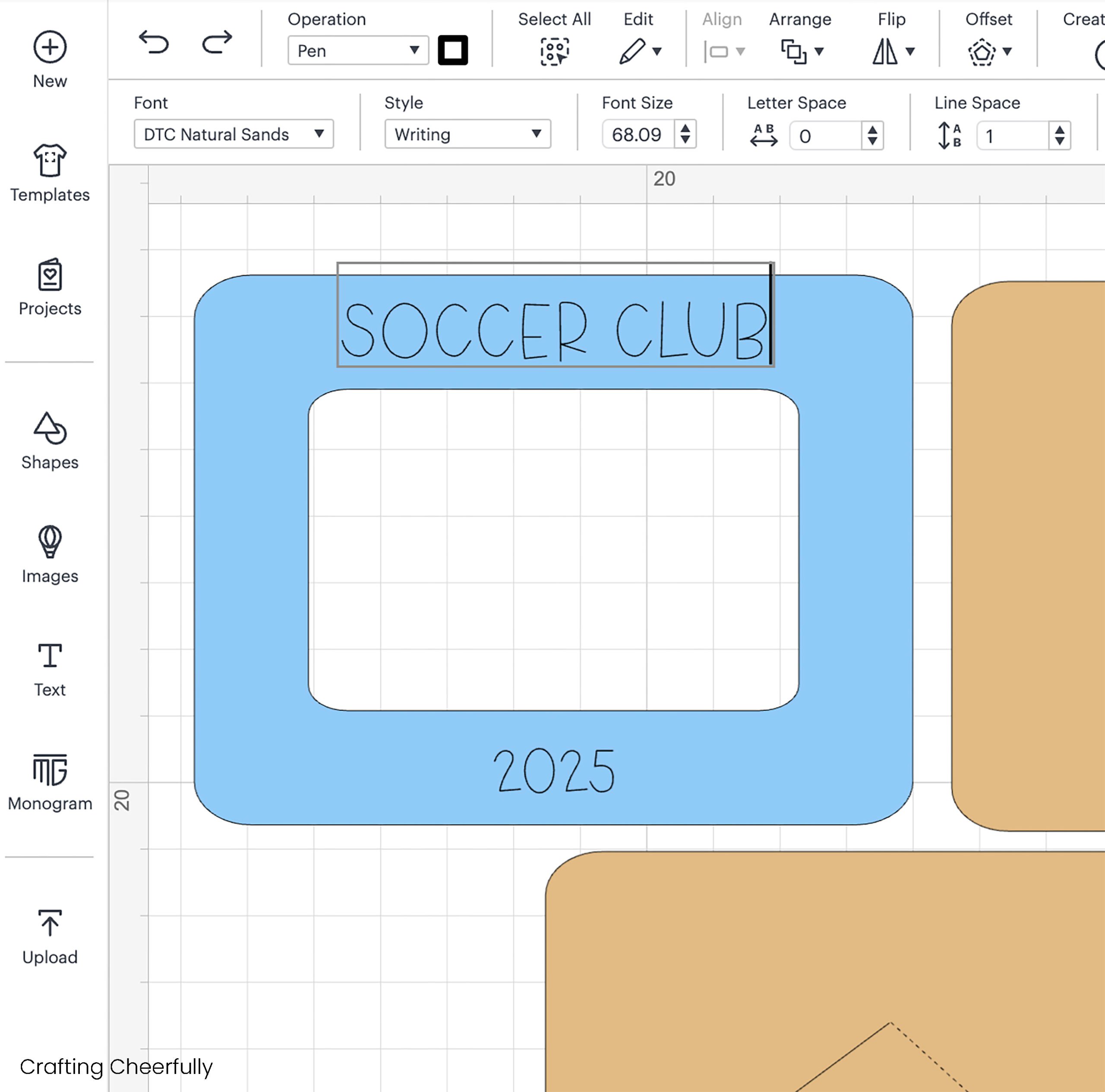 Text is added to the frame in Cricut Design Space.