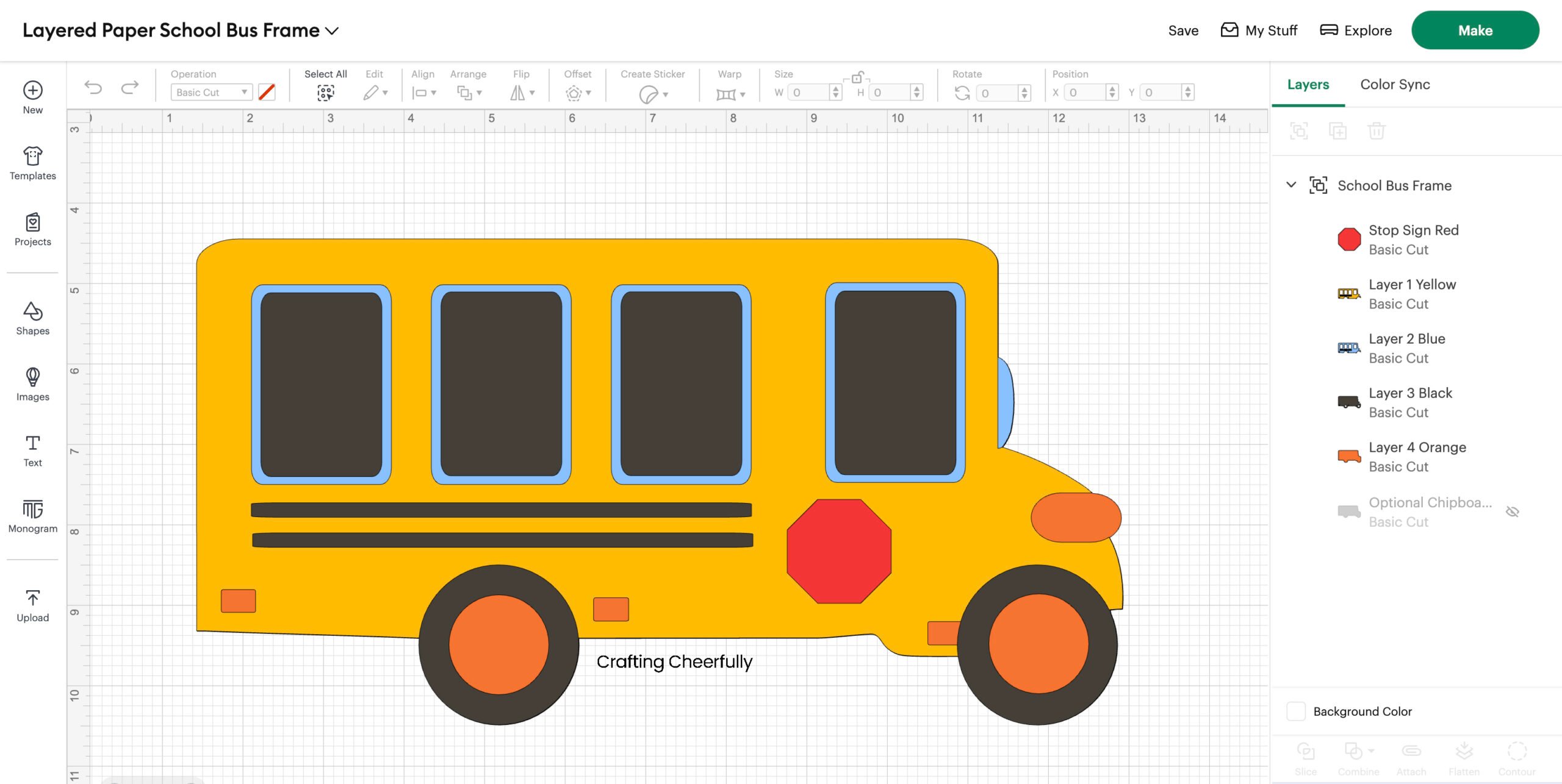Layered paper school bus in Cricut Design Space.