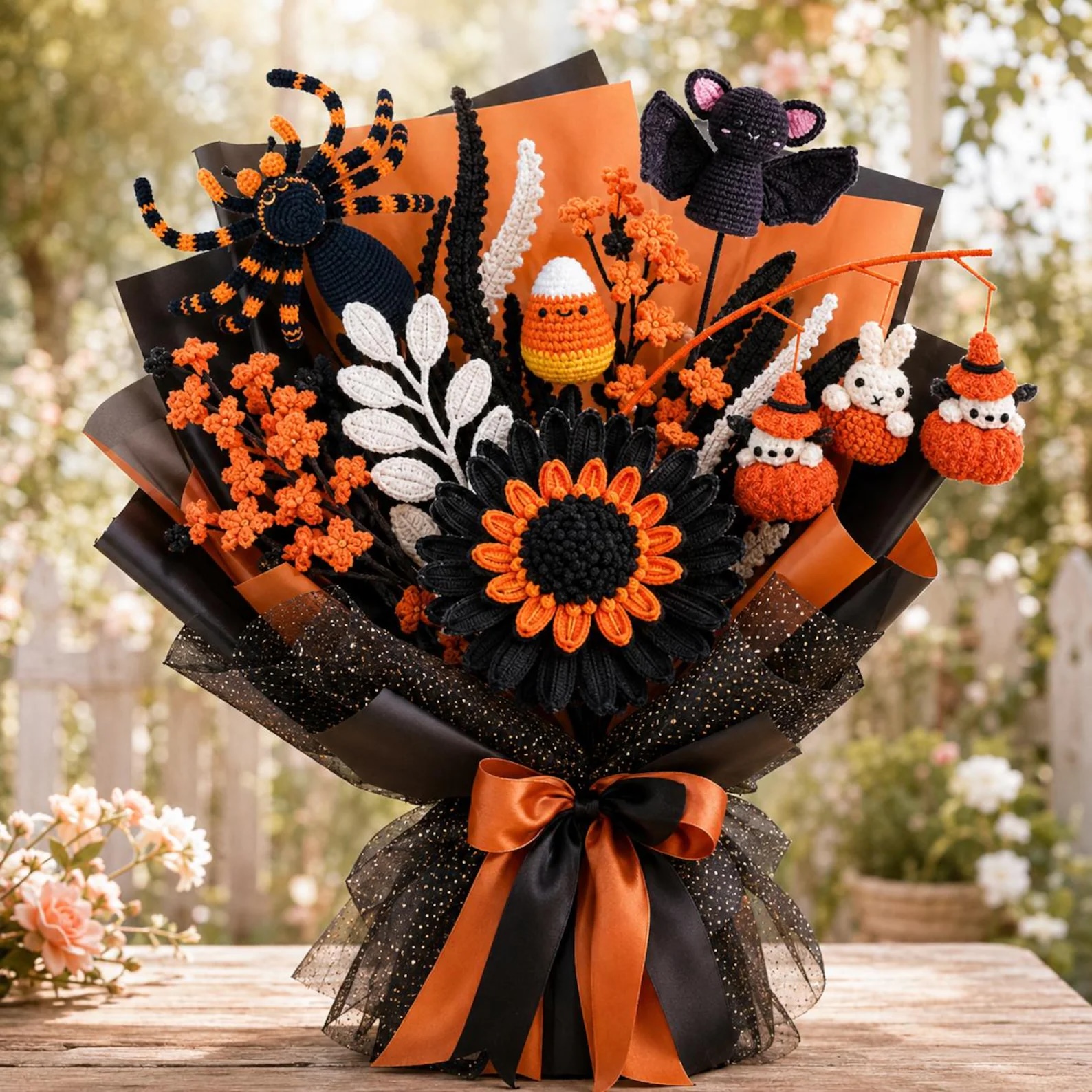 Crochet flower bouquet pattern by Evie Stitch Designs.