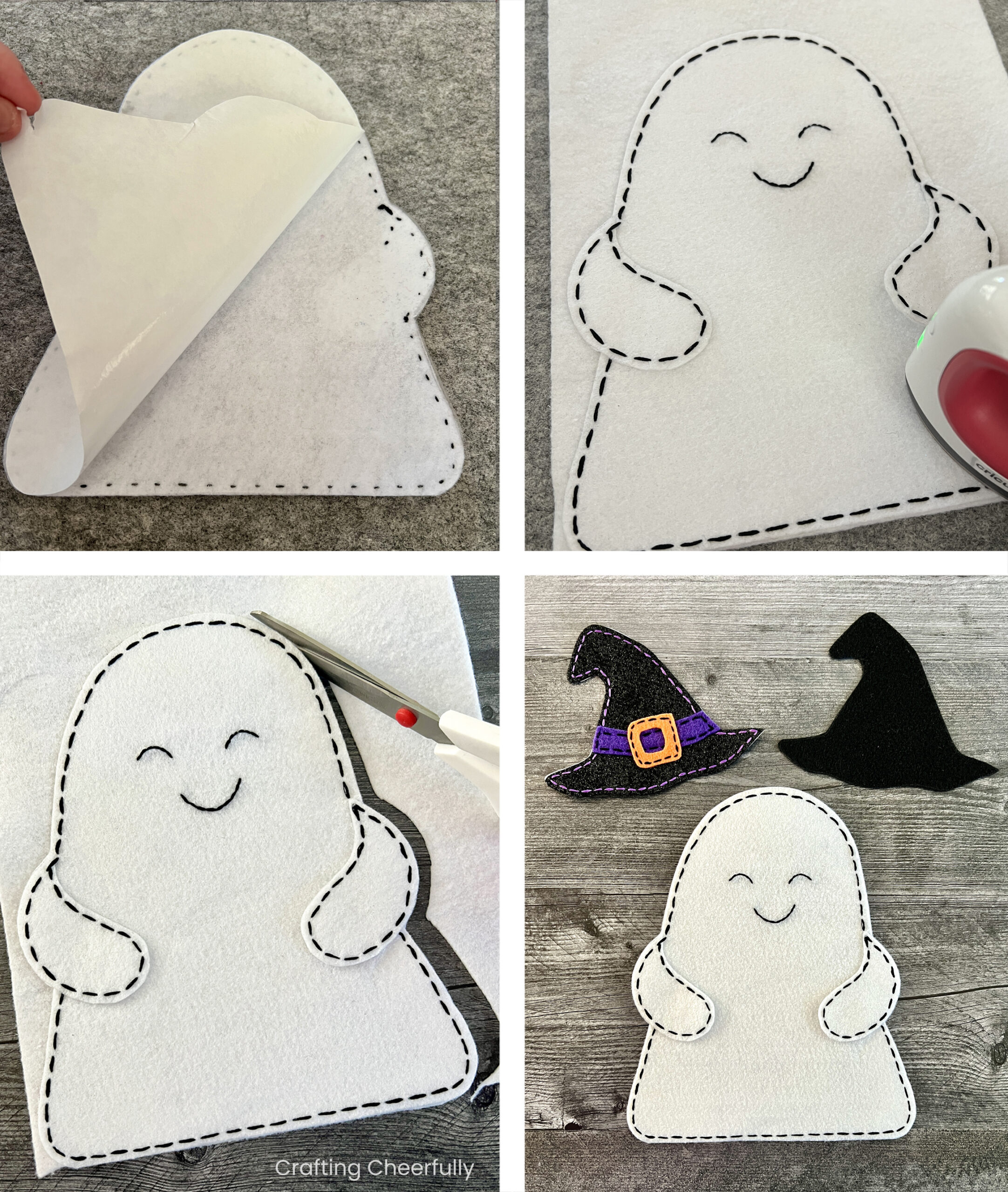 Collage showing the white felt ghost being backed with another piece of white felt.