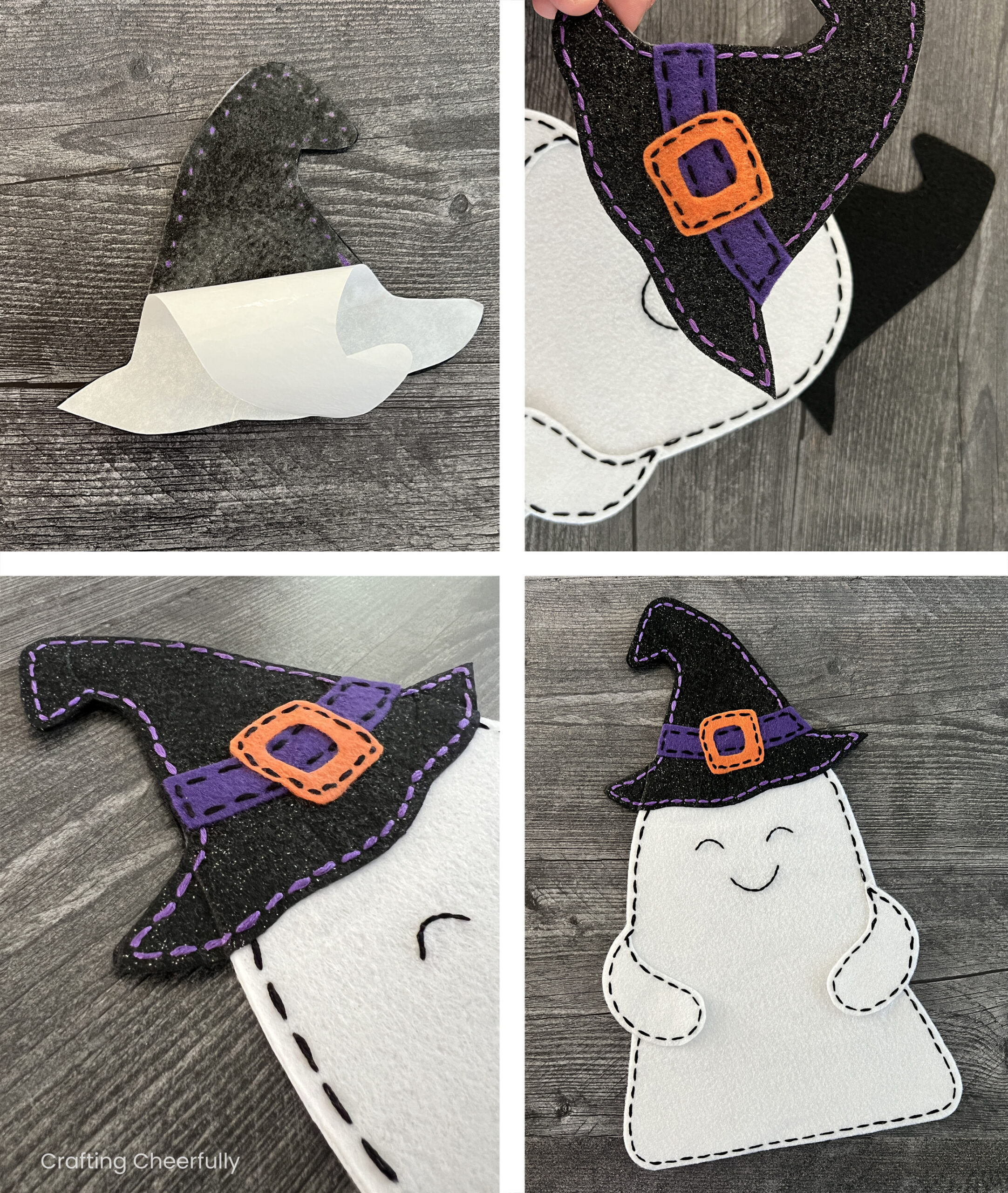 Collage showing the witch hat being added to the top of the white felt ghost.