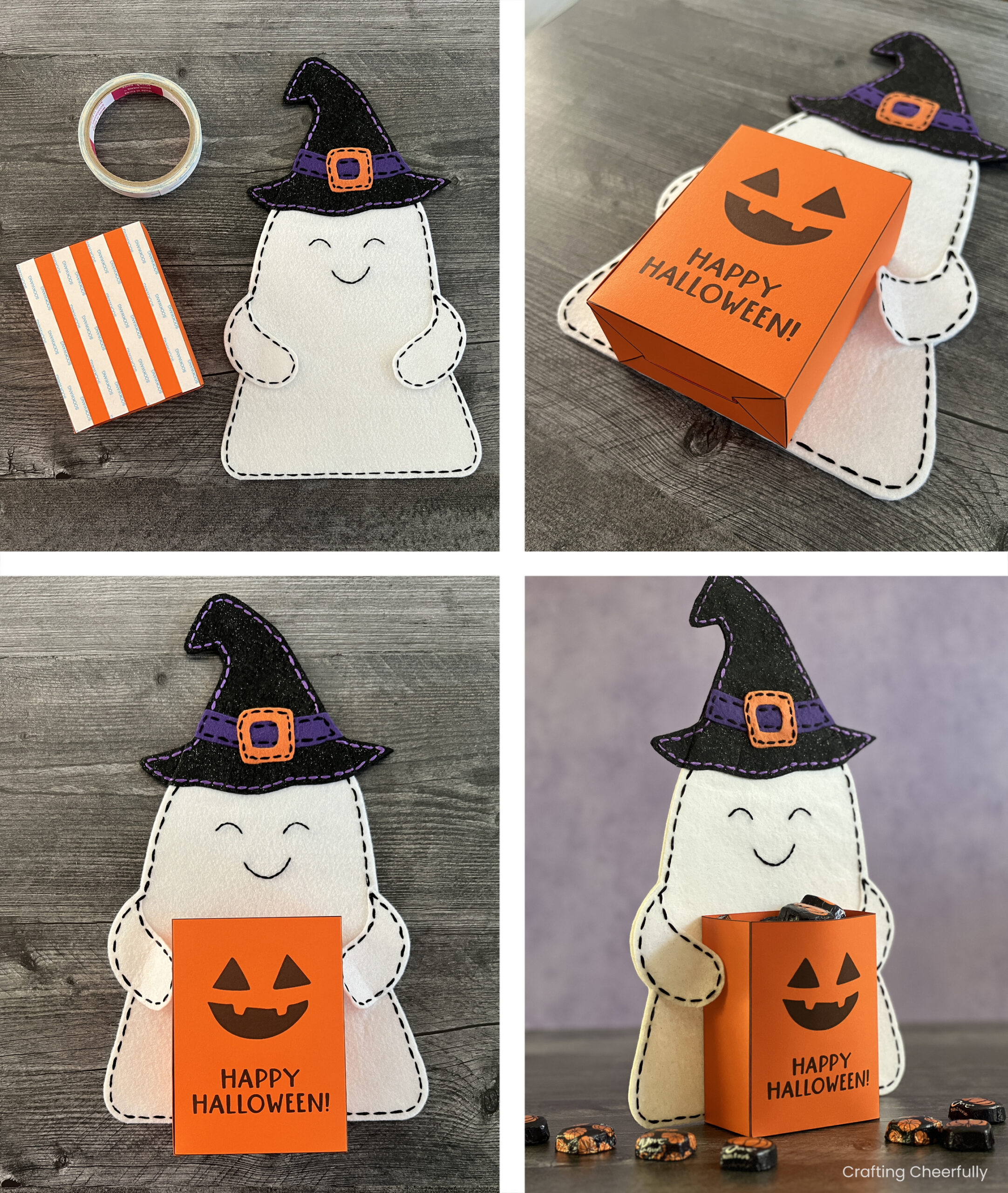 Collage showing the orange treat bag being attached to the white felt ghost.