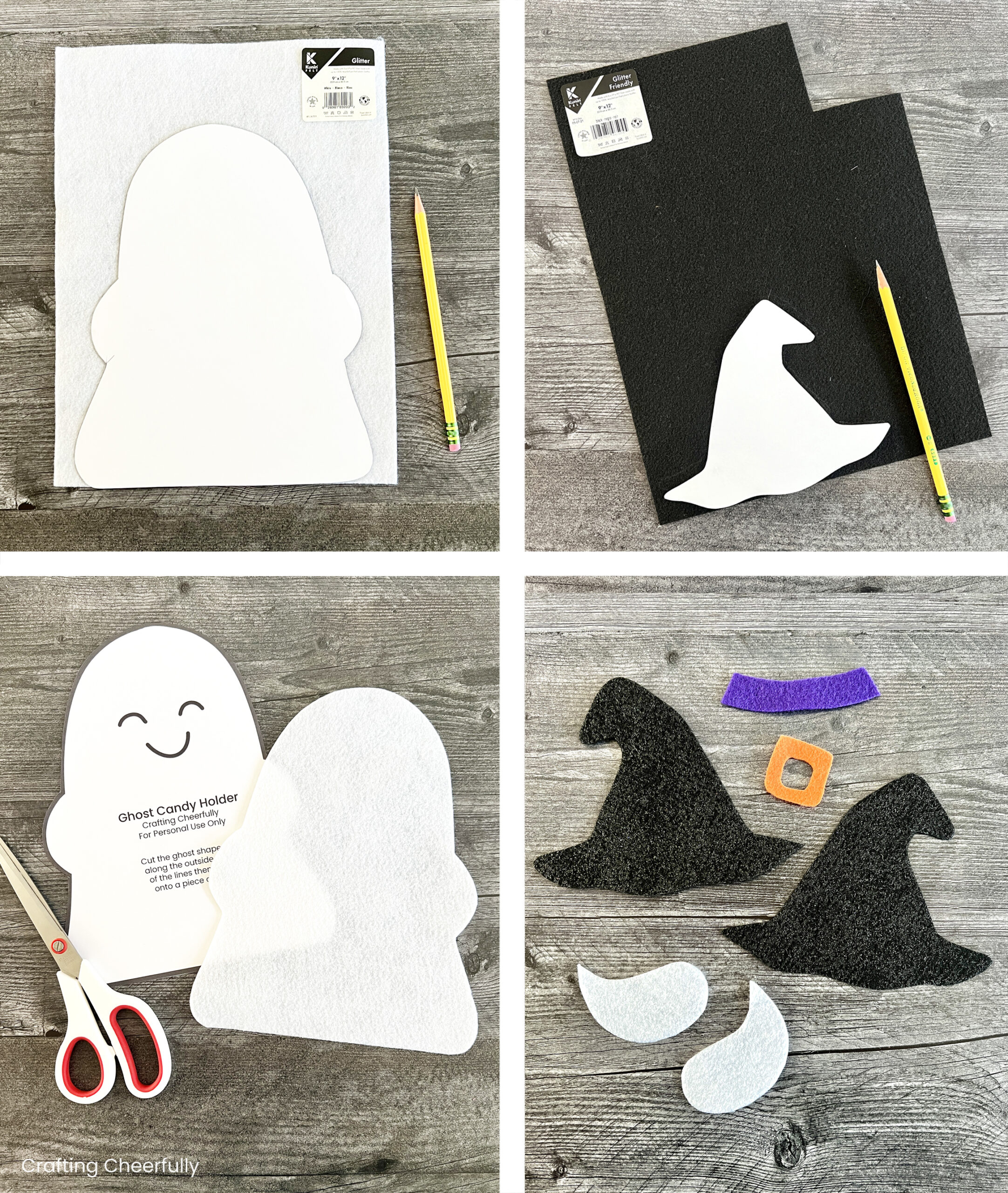 Collage showing the pattern pieces being from felt including the ghost, ghost arms, and witch hat.