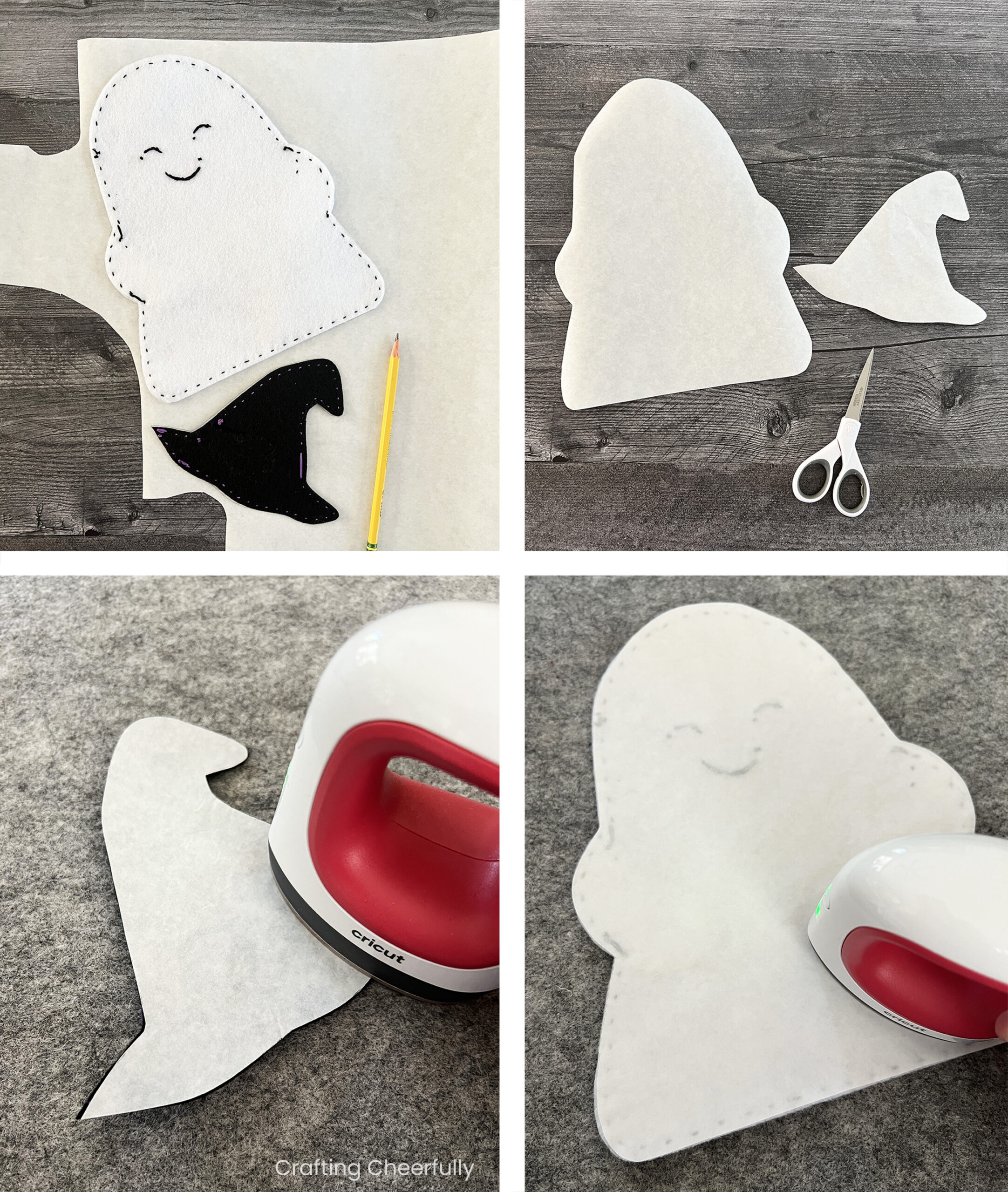 Collage showing the interfacing being cut for the ghost and hat.