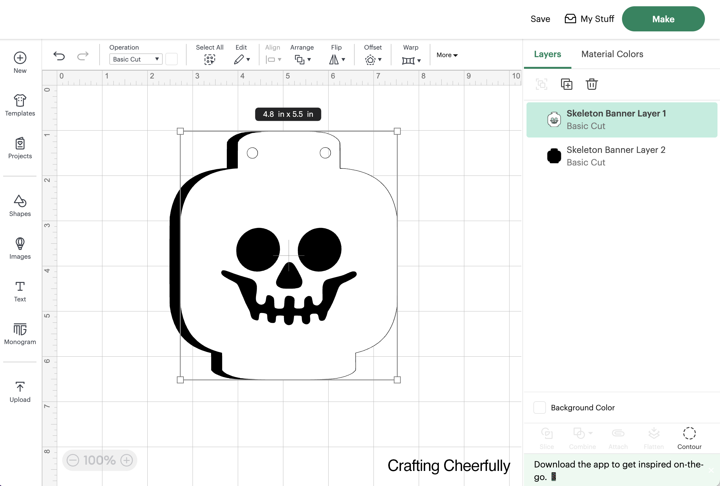The skeleton in Cricut Design Space signed to 5.5" tall. 