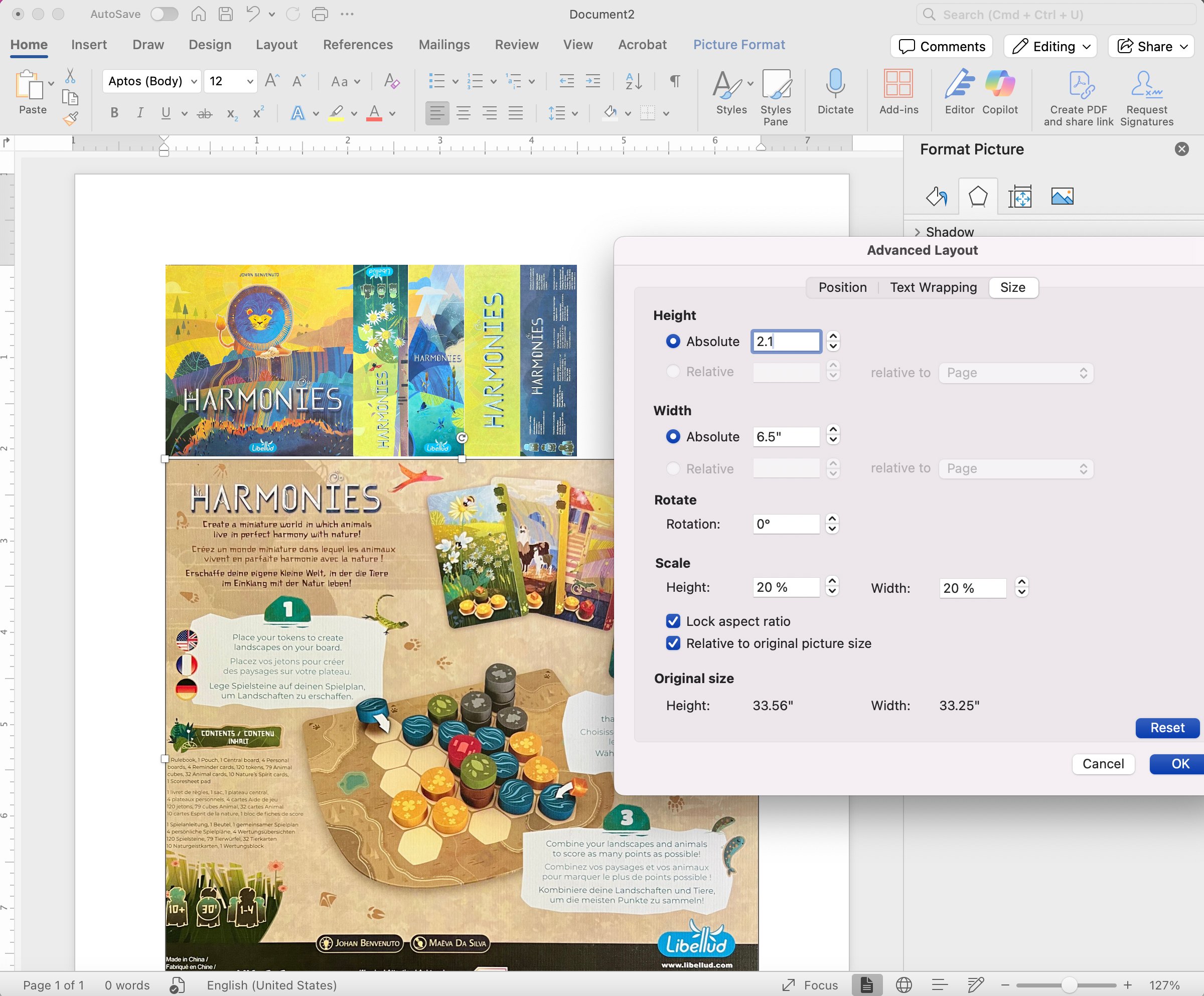 Board game ornaments are edited in Microsoft Word.