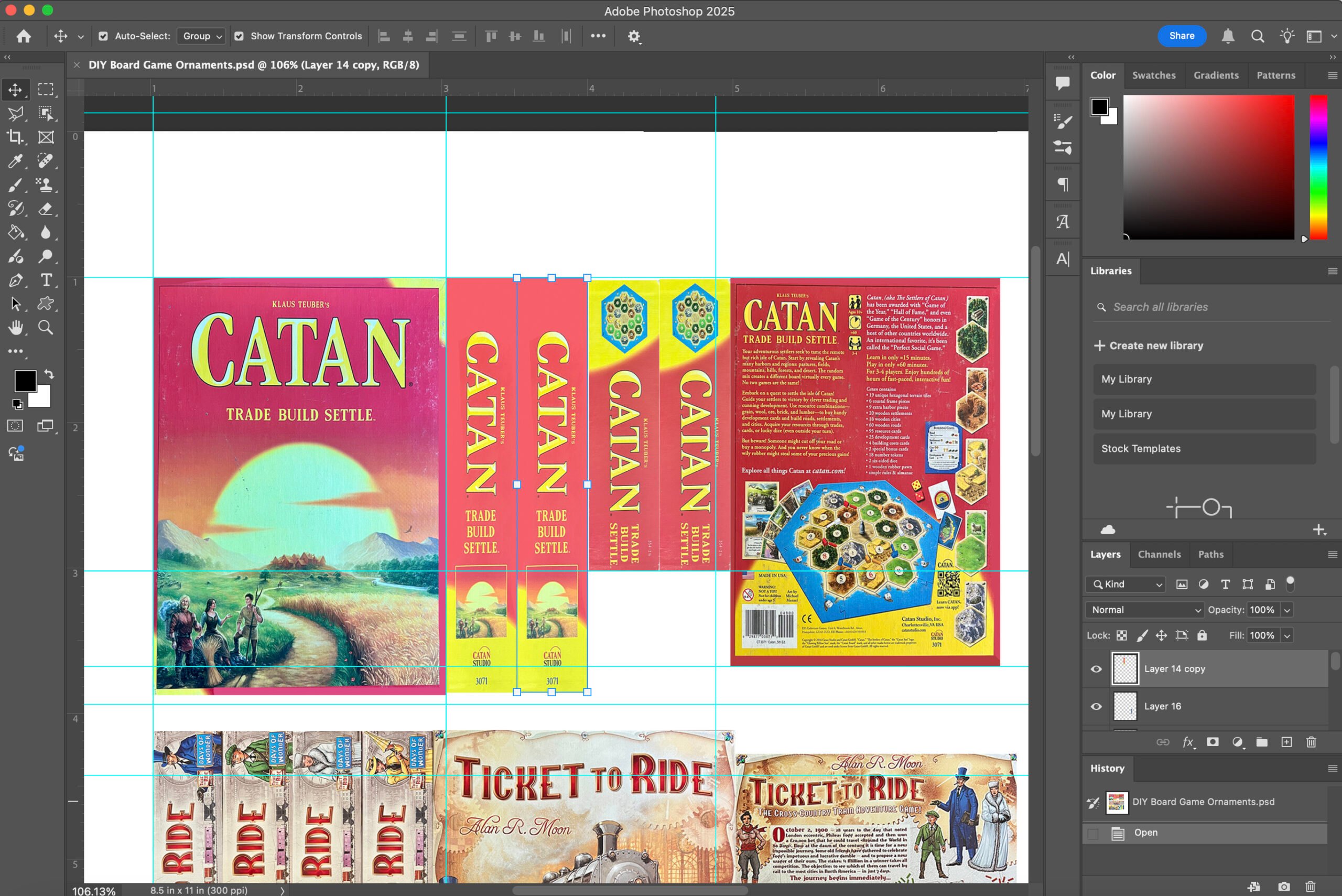 Board game ornaments are edited and created in Photoshop.
