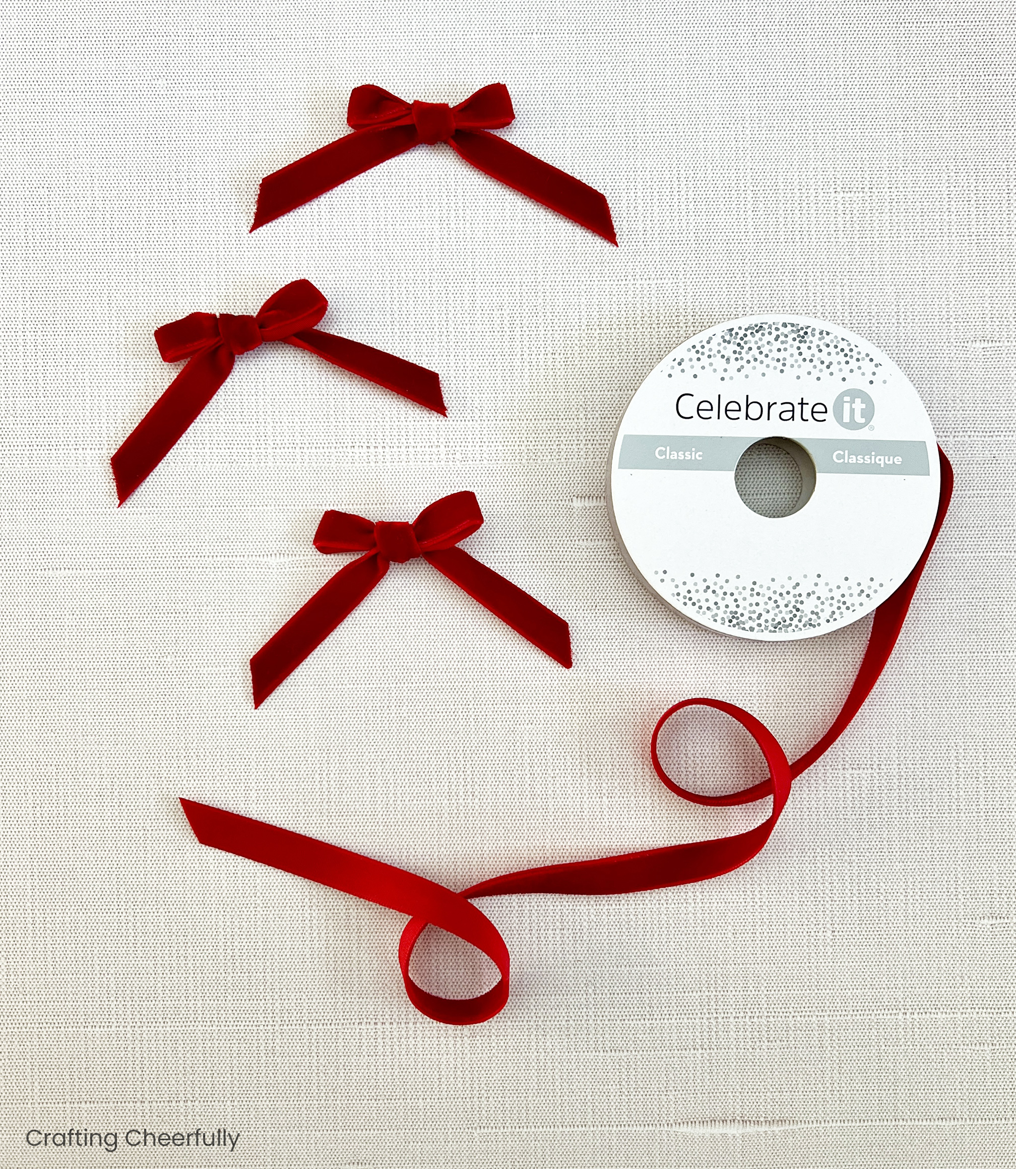 Red velvet bows made with ribbon.