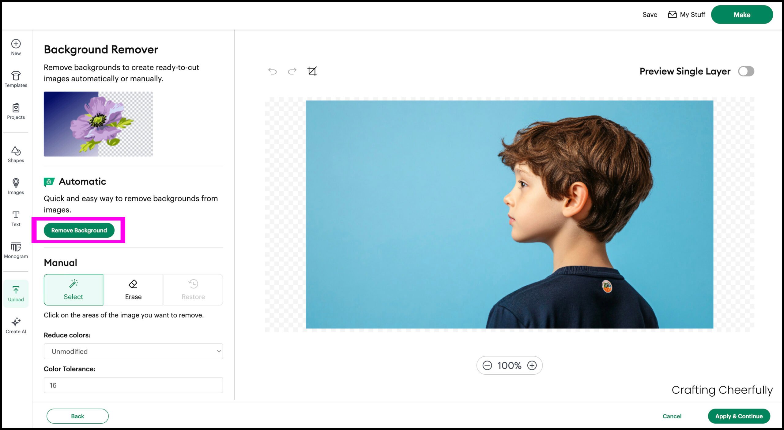 Silhouette of boy in front of a blue background is uploaded into Design Space.