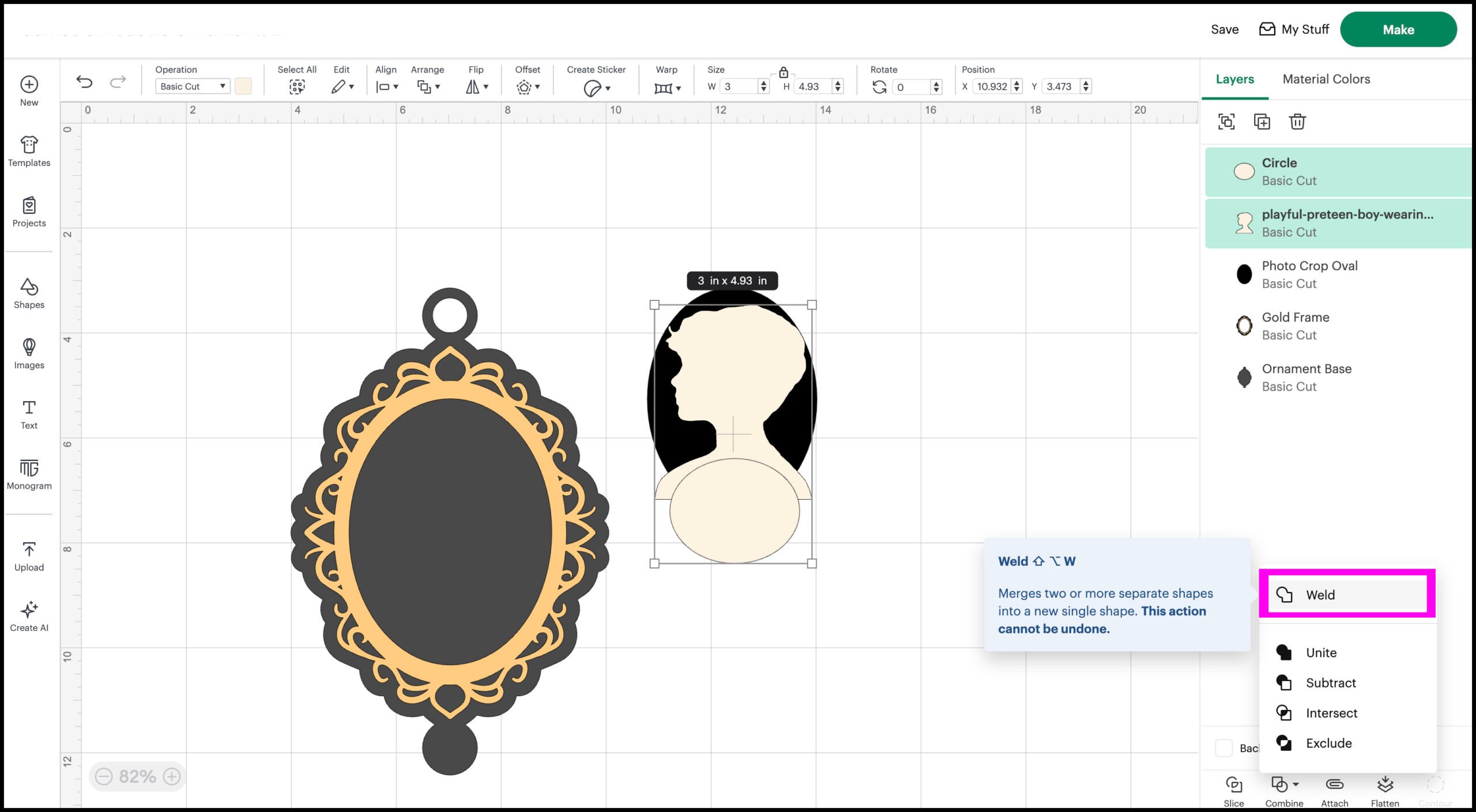 An oval is added to the bottom of the silhouette cameo.