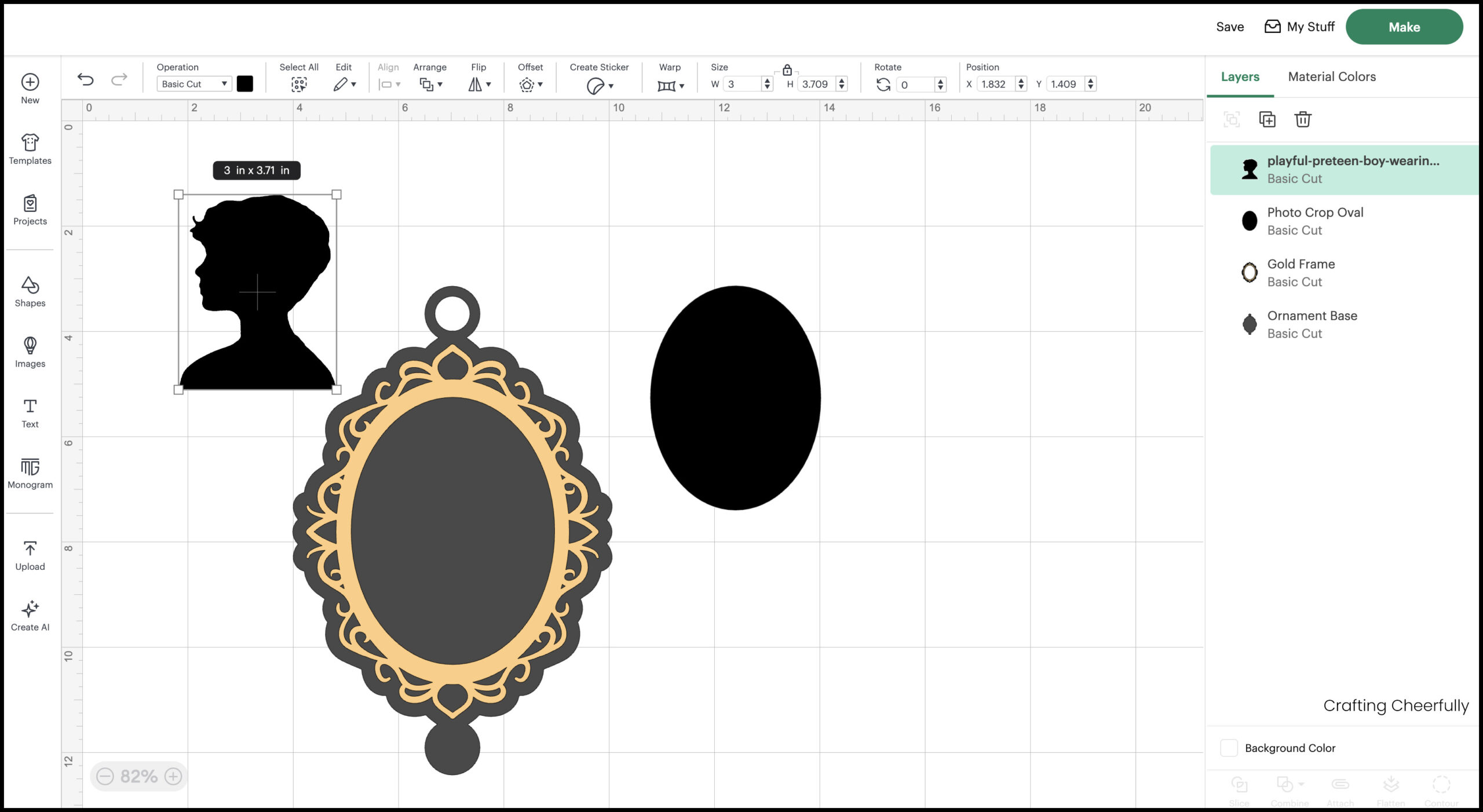 The silhouette of the boy is inserted onto the canvas and resized to 3".