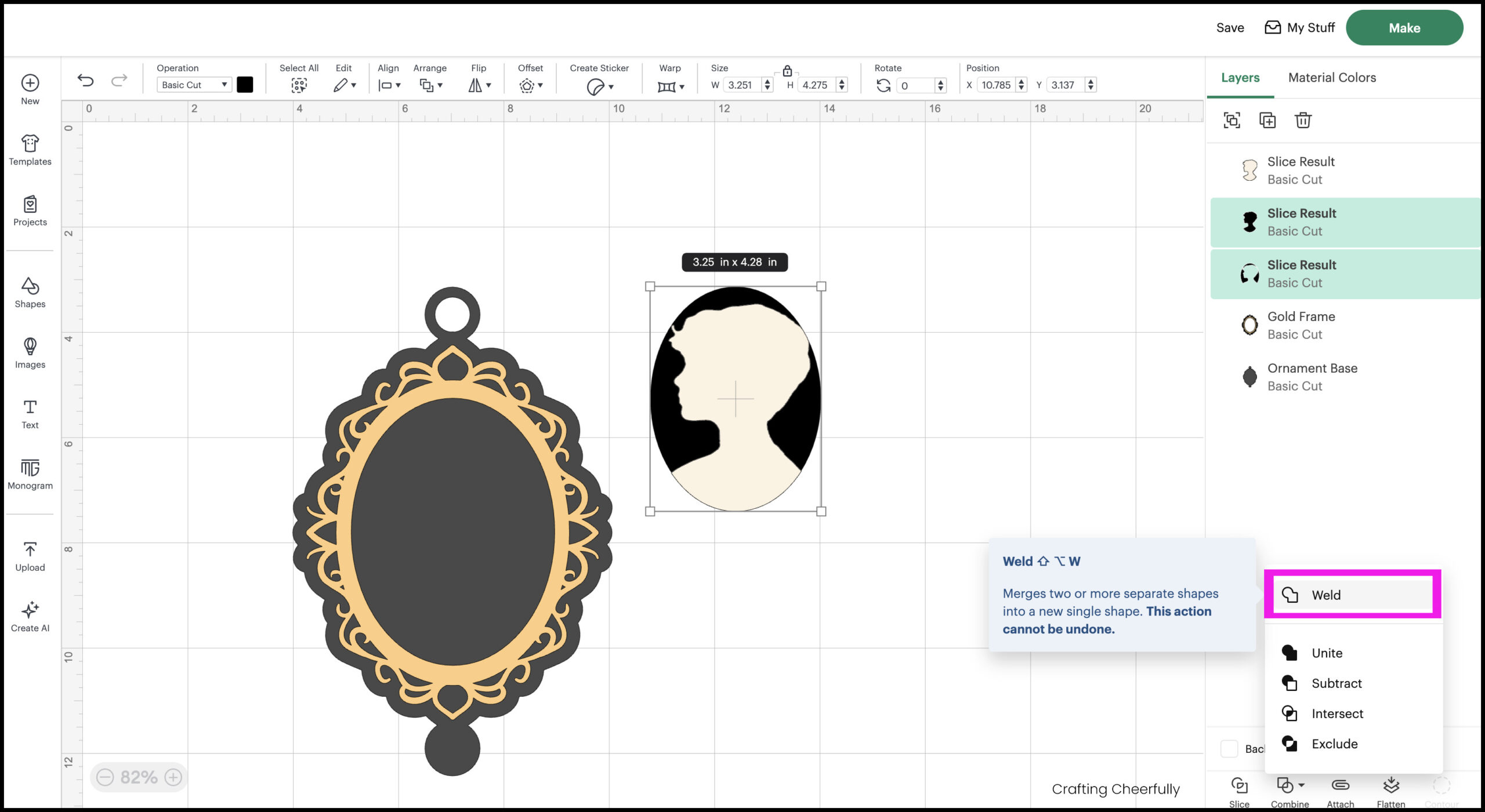 The cream silhouette cameo is left fitting inside the black oval perfectly.