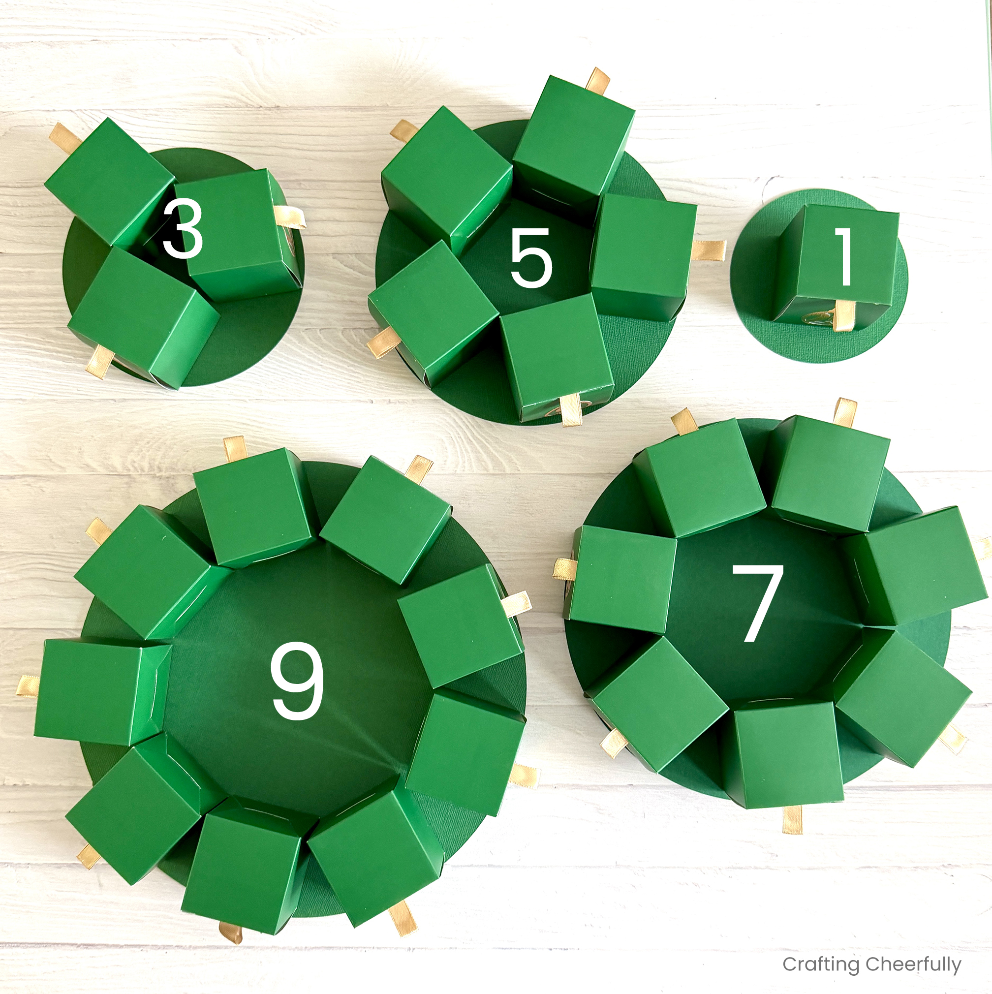 Picture showing the boxes arranged on each of the five circular levels.