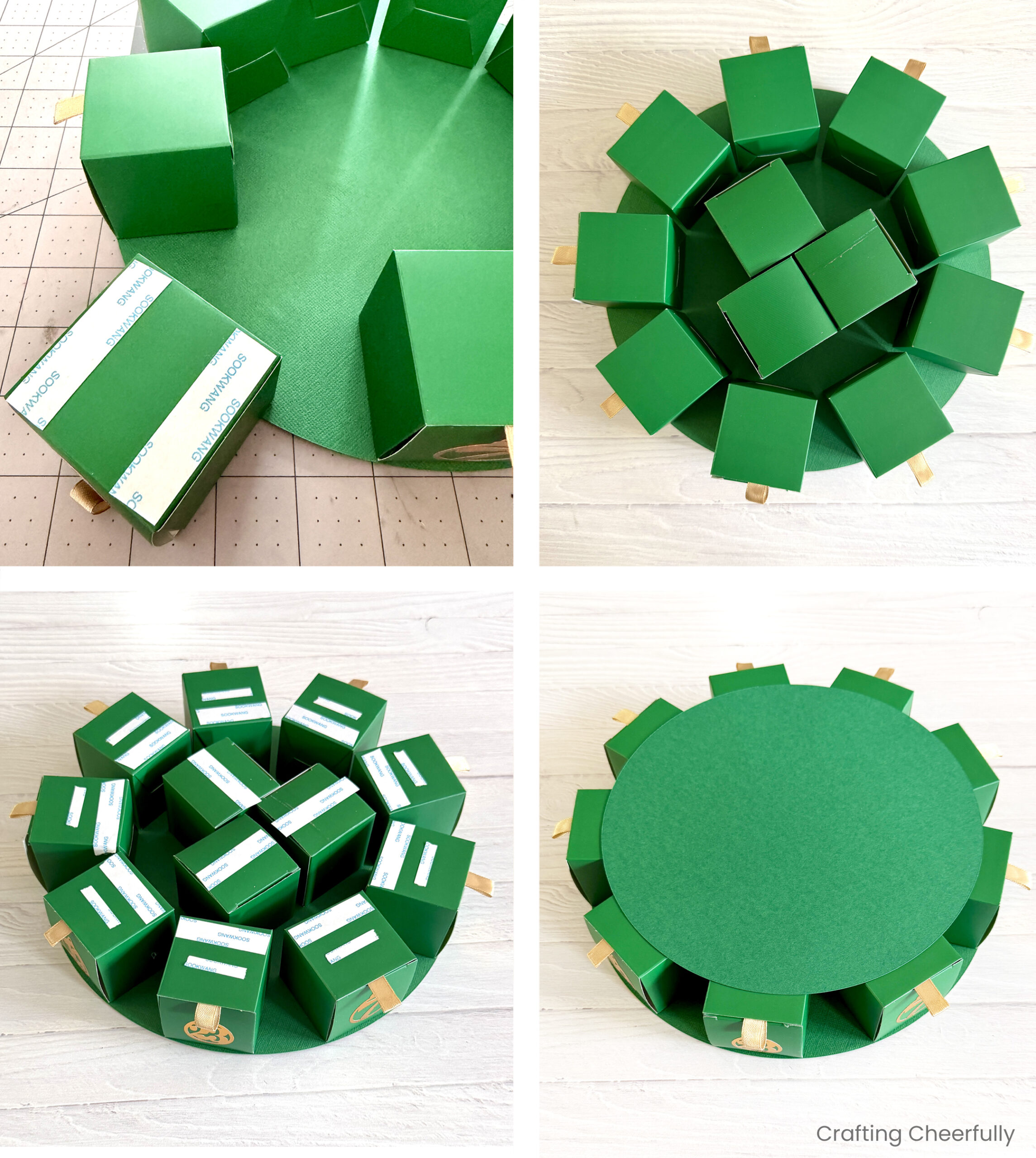 Collage showing the first layer of boxes stacked on the largest circle.
