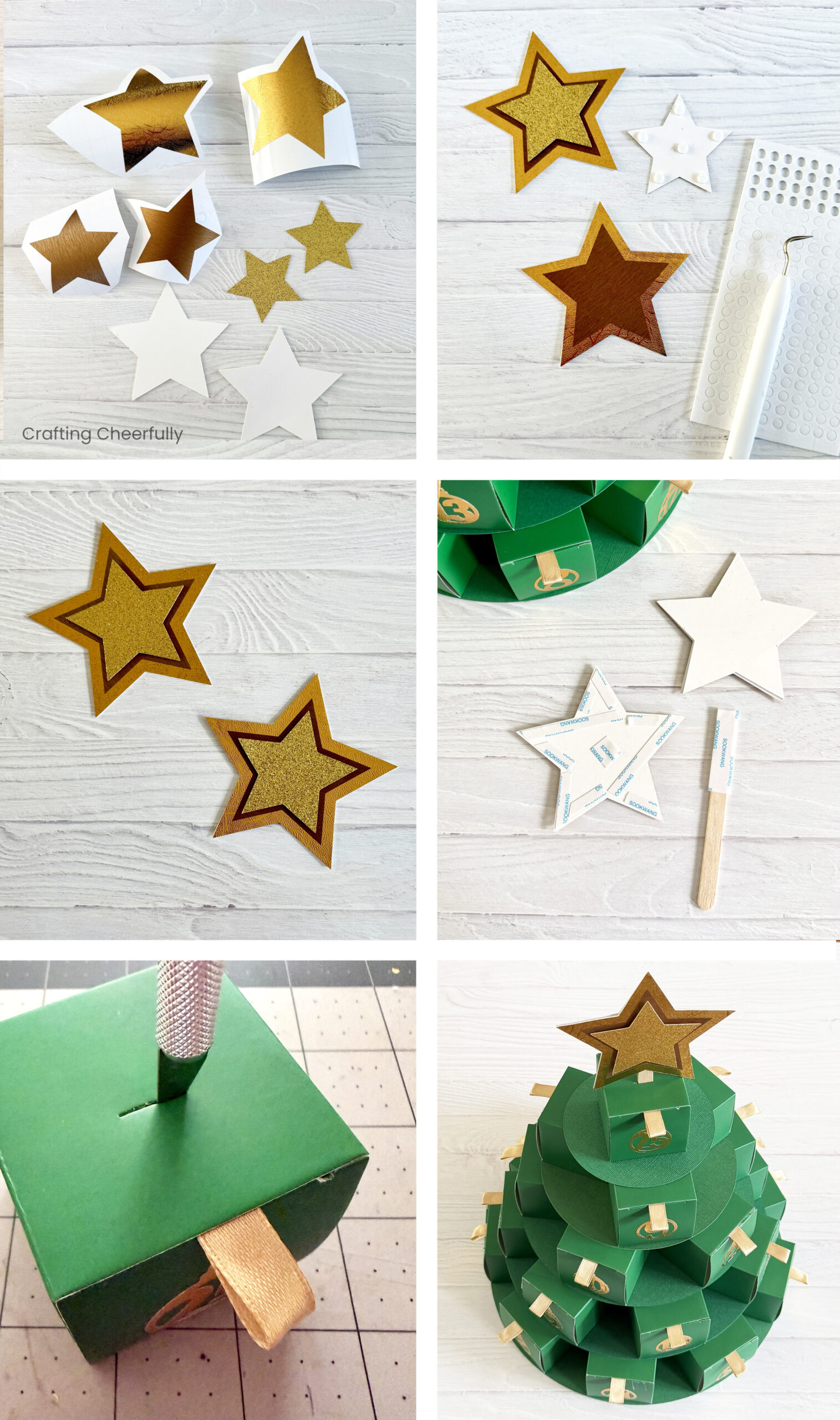 A collage showing the final box being made with a giant paper star inserted into the top.
