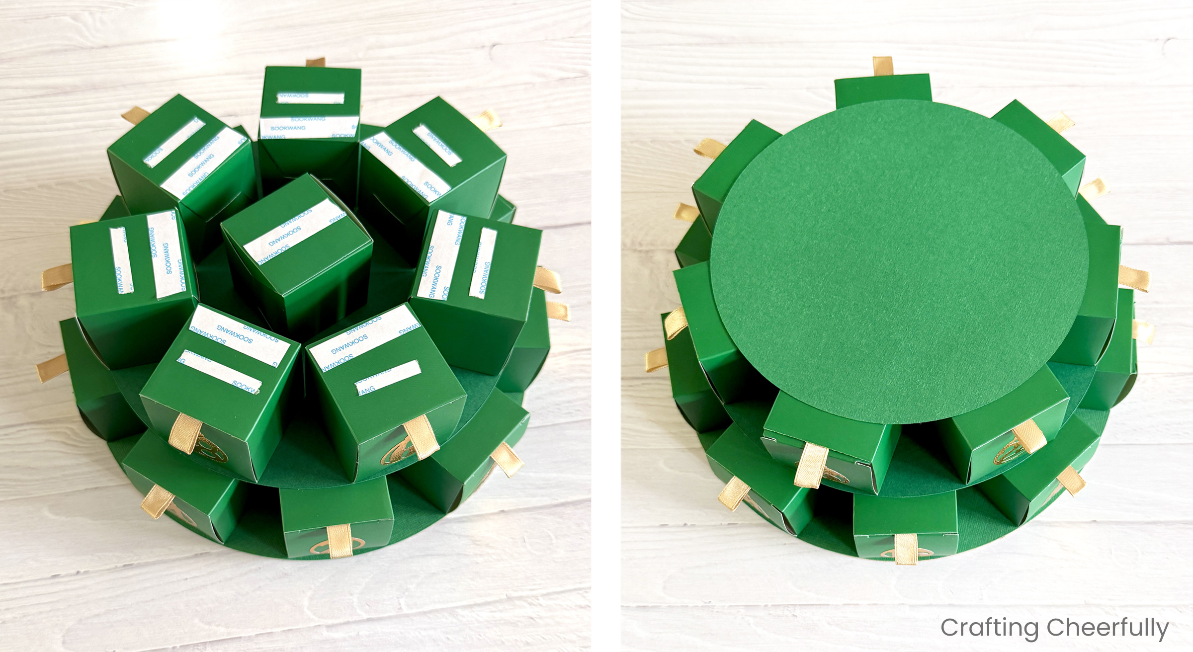 The second layer of the Christmas tree is stacked in place.