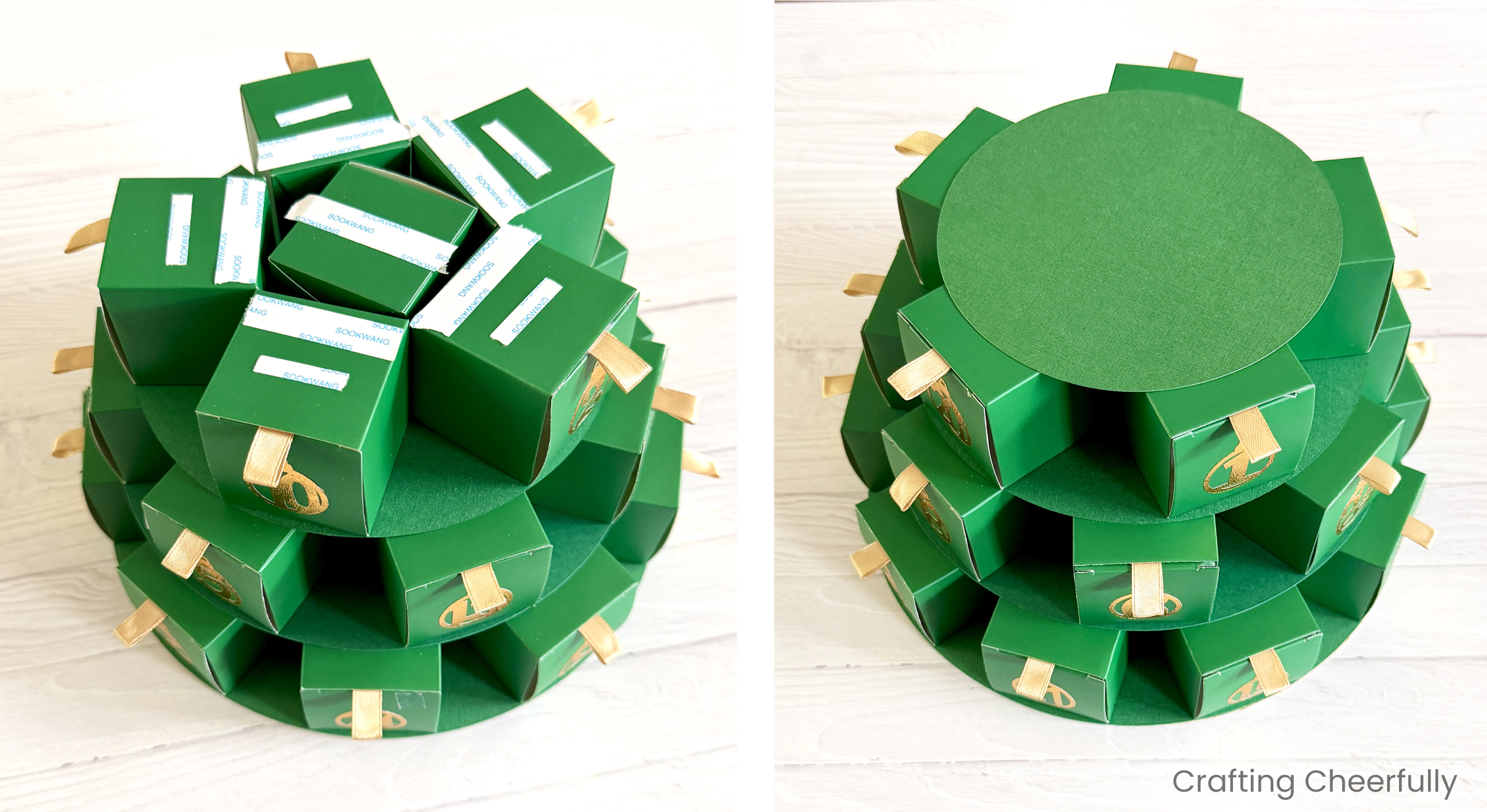 The third layer of the Christmas tree is stacked and taped in place.