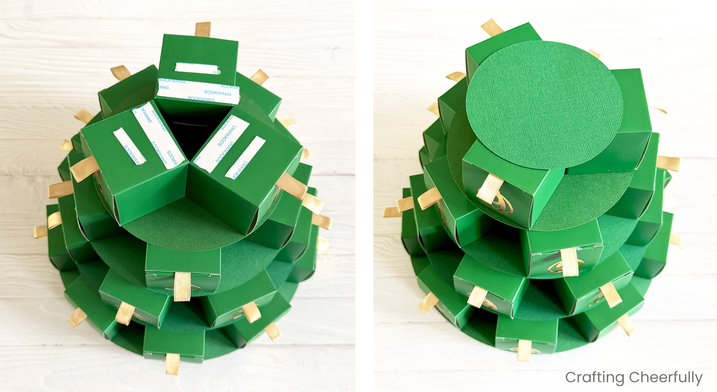 The fourth layer of boxes is added to the Christmas tree advent calendar.