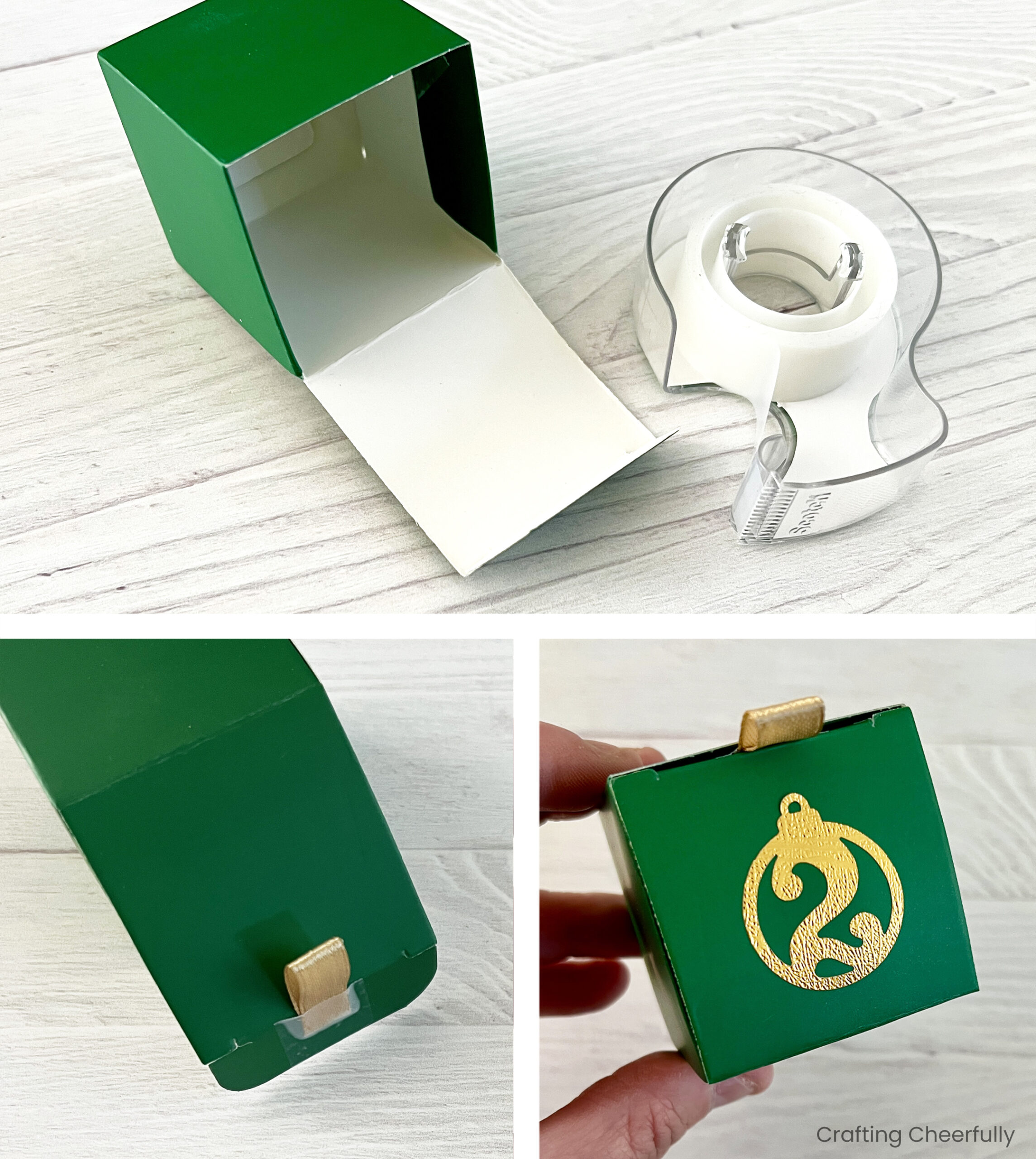 Collage showing ribbons and gold numbers being added to each green box.