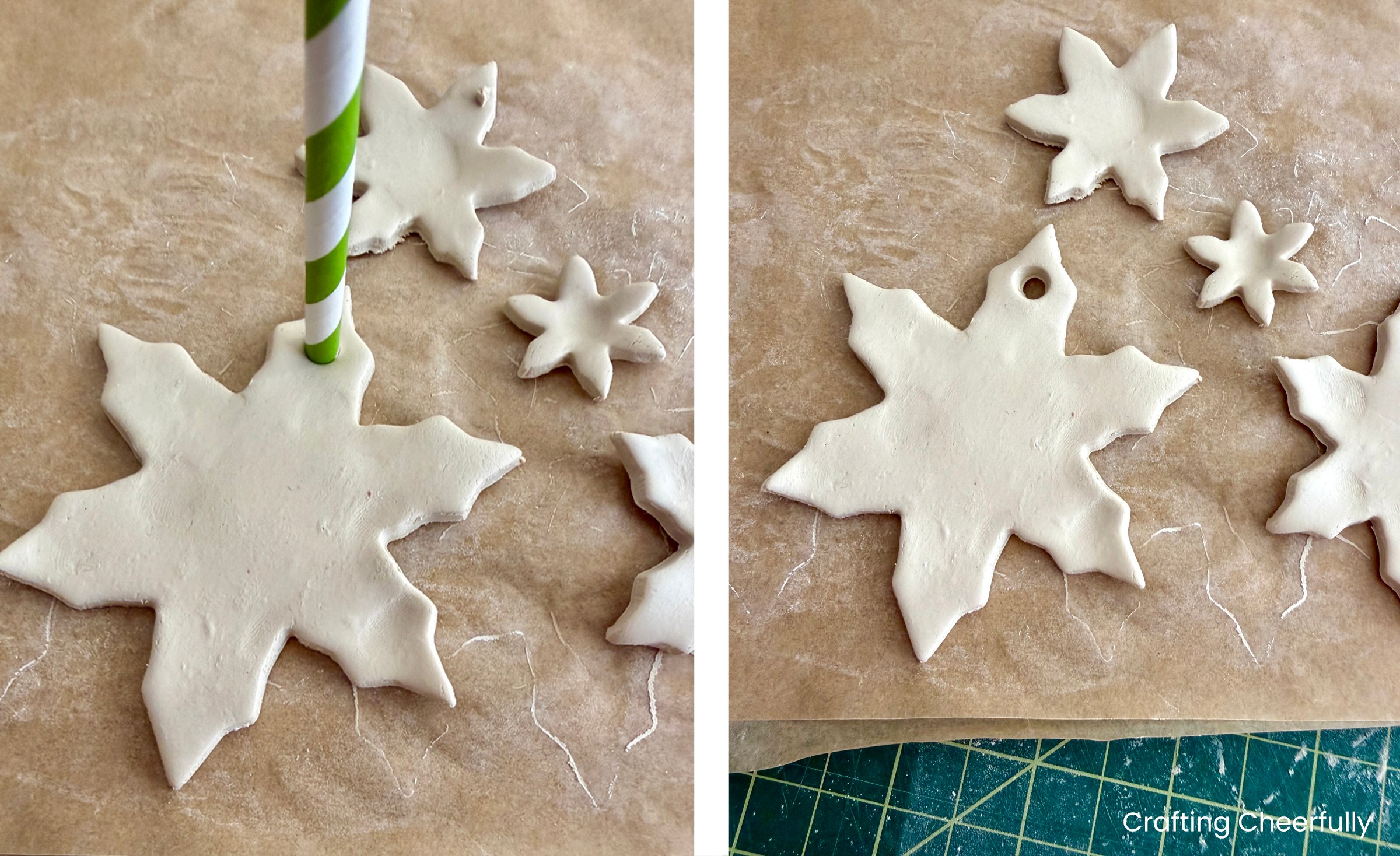A straw is used to poke a hole in the top of the largest clay flower.
