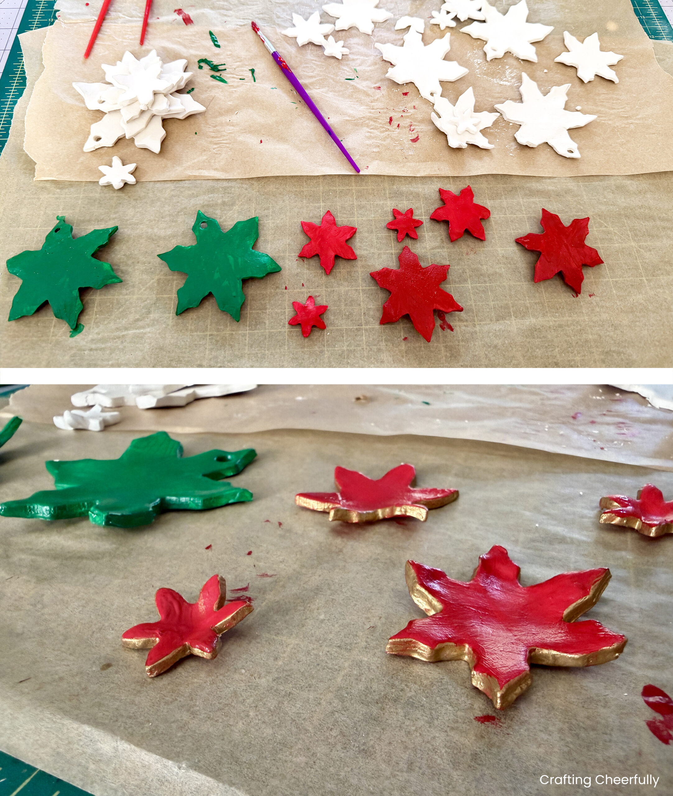 The cut out clay flowers are painted red and green; then the edges are painted gold.