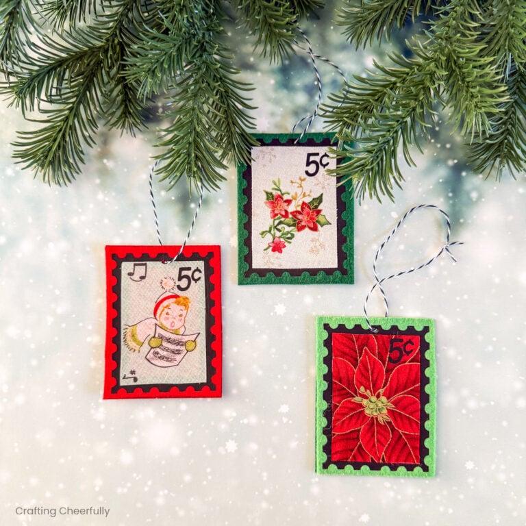 Felt postage stamp ornaments made from scraps of fabric.