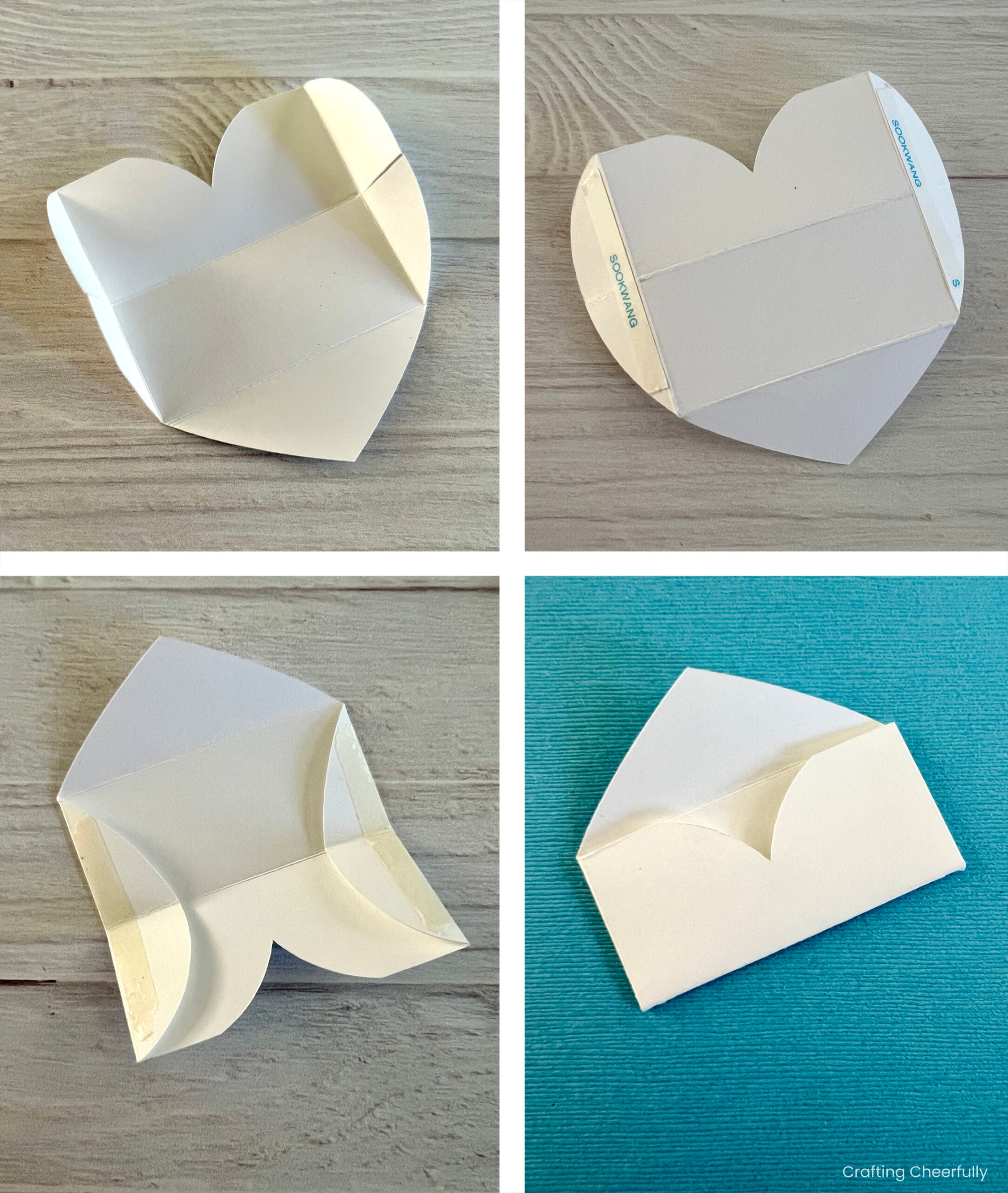 Collage showing envelope being folded and adhered together.