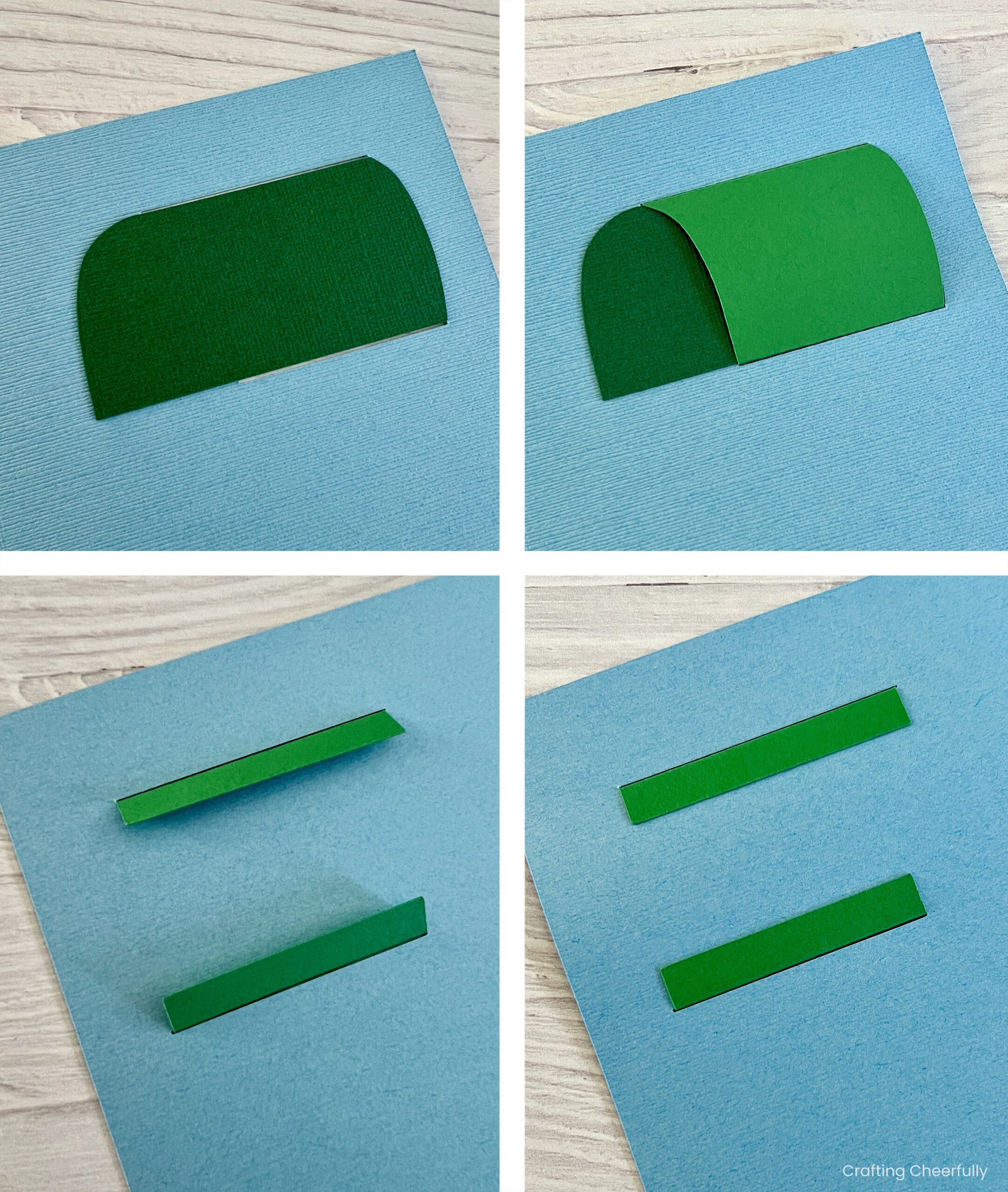 Collage showing how to attach the base and cover of the mailbox to the front of the card.