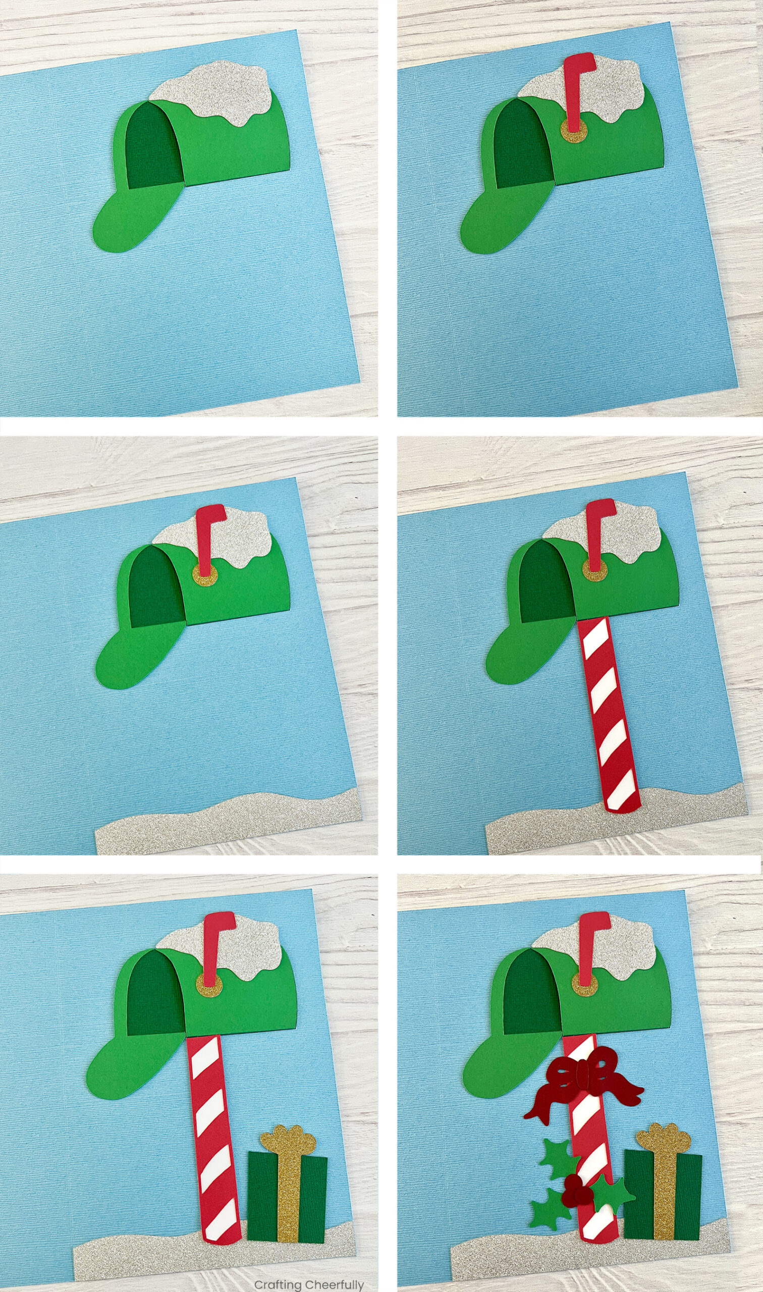 Collage showing the pieces layered and added to the front of the card to form the mailbox and decorations.