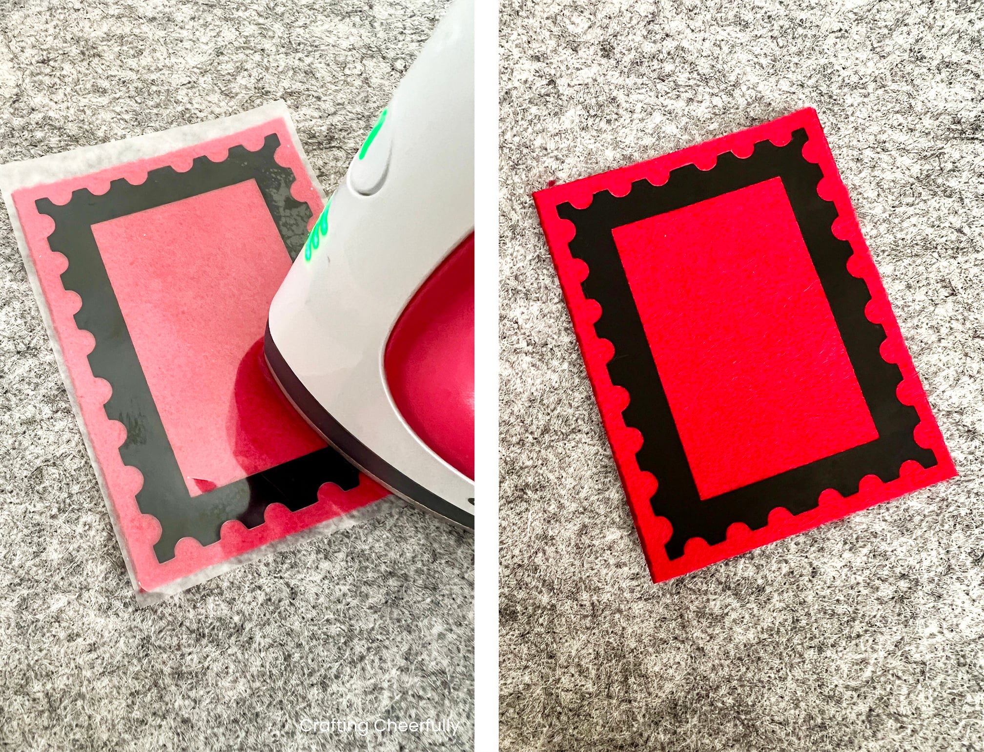 Black iron on is applied to the square of red felt.