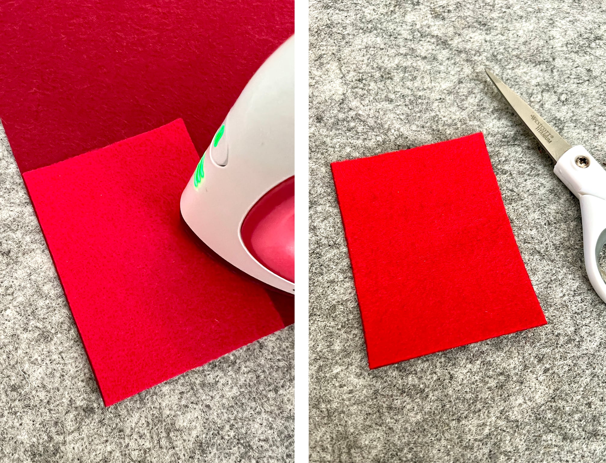The piece of red felt is ironed to the stiff red felt.