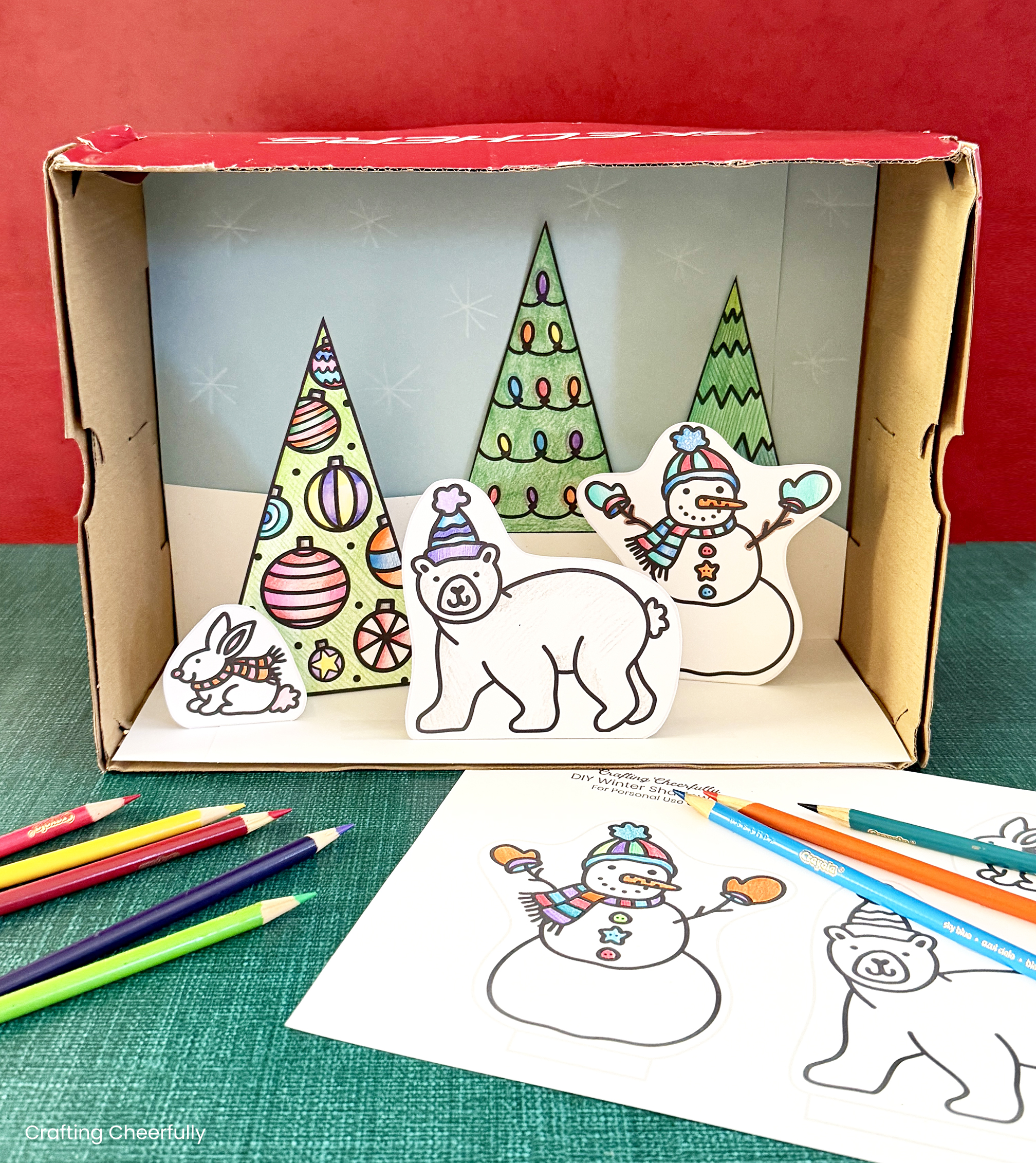 Christmas shoebox coloring pages for Christmas kids craft.
