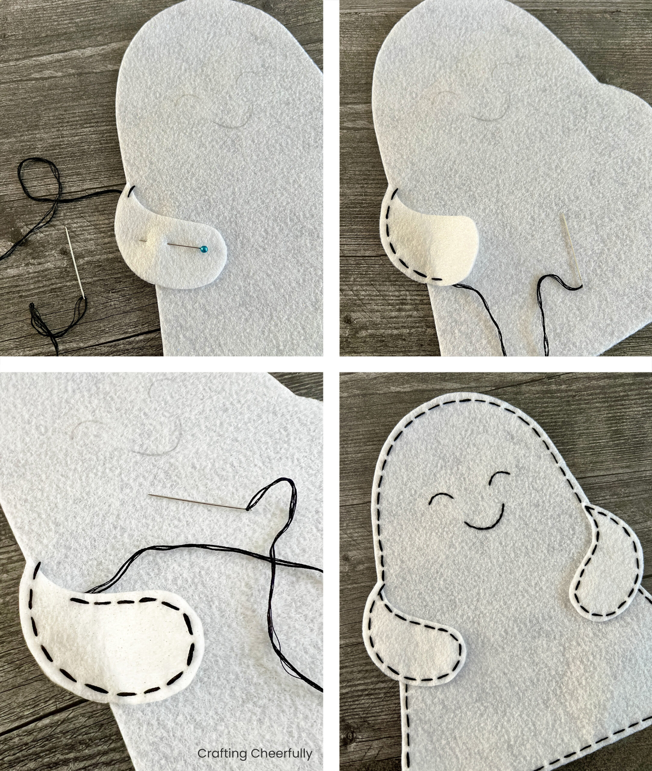 The white felt ghost is embroidered with black embroidery floss.