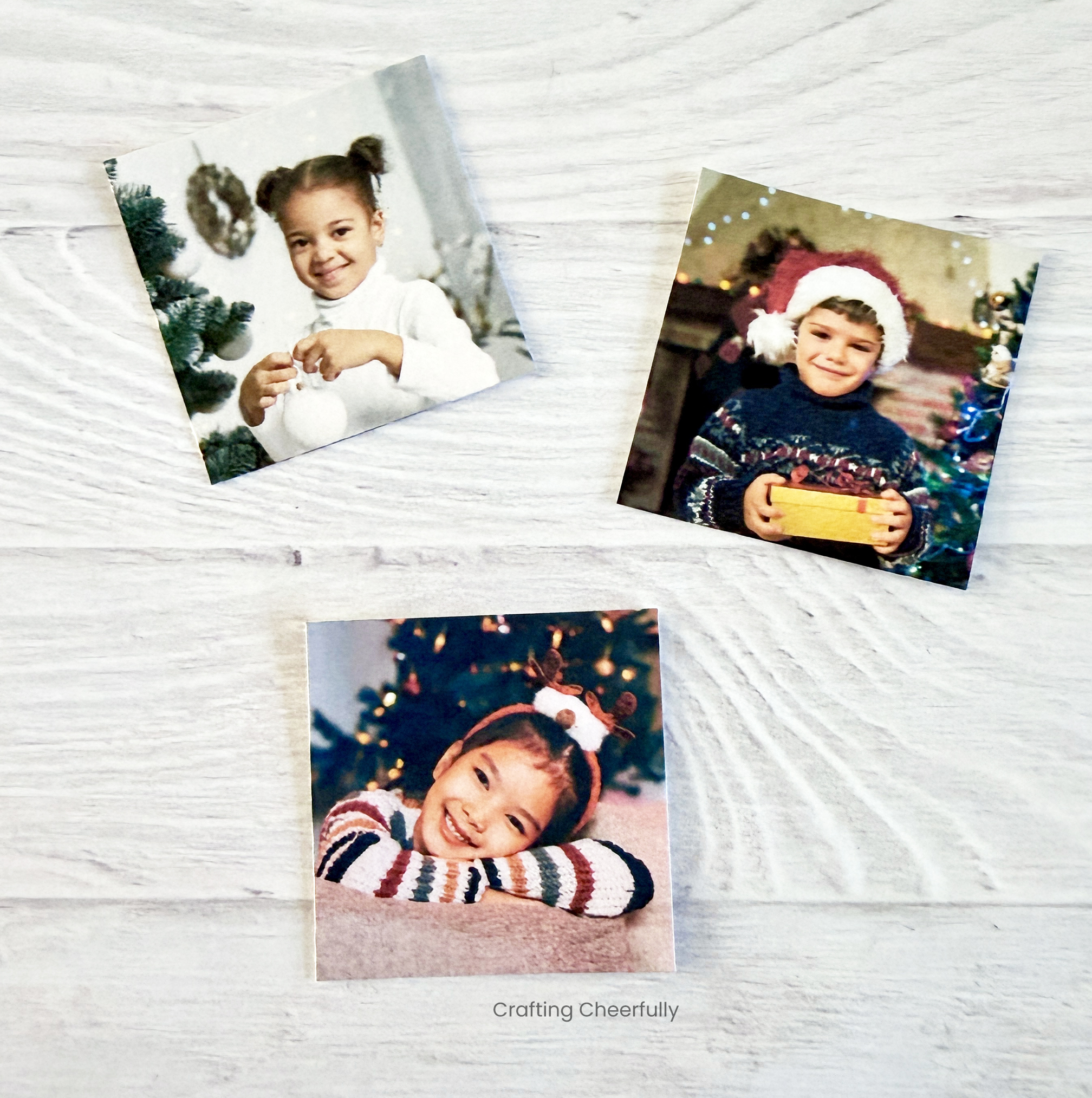 Three small square pictures of kids at Christmas time.
