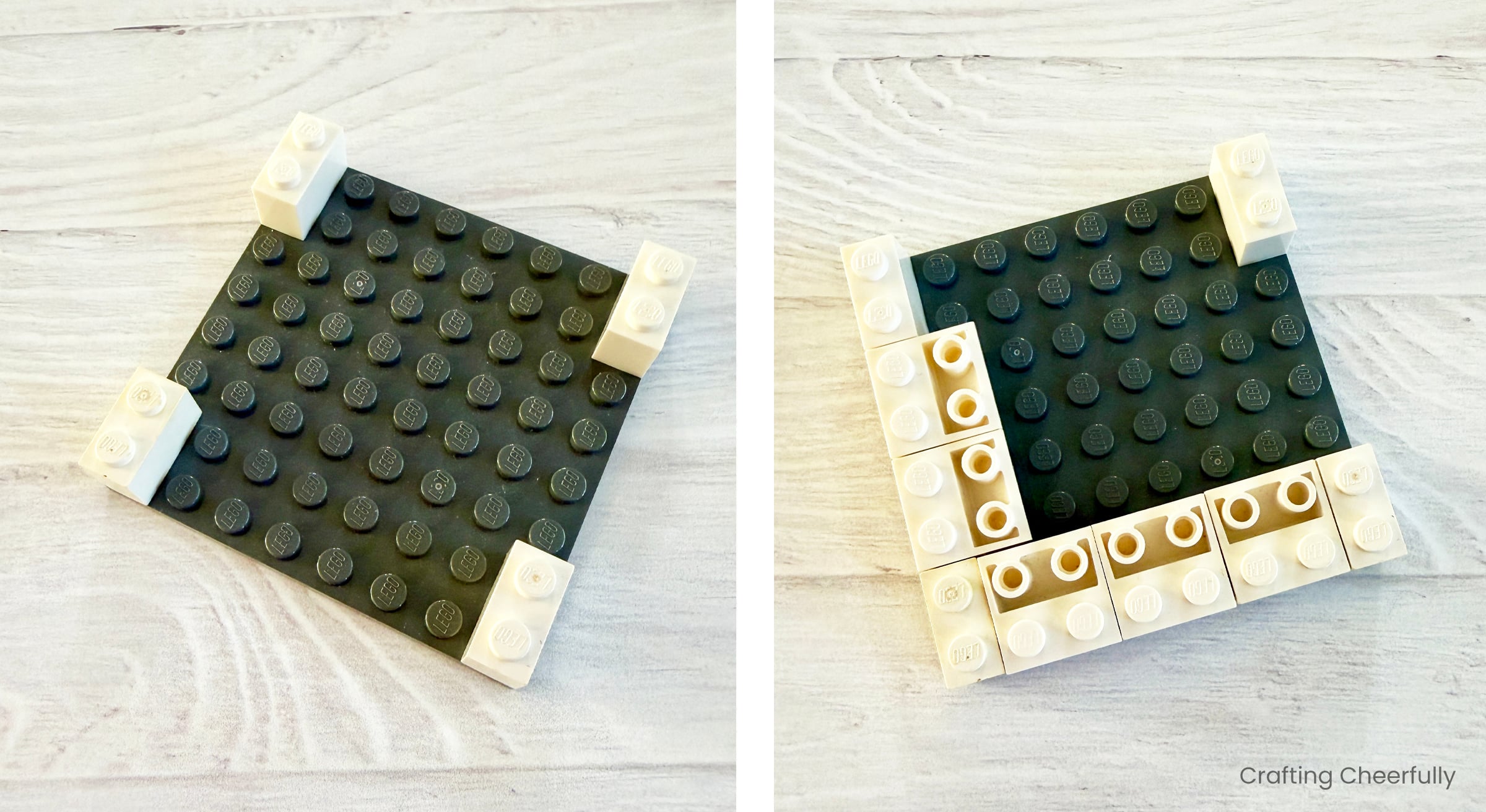 The base of the ornament is built up on two sides of the square plate.