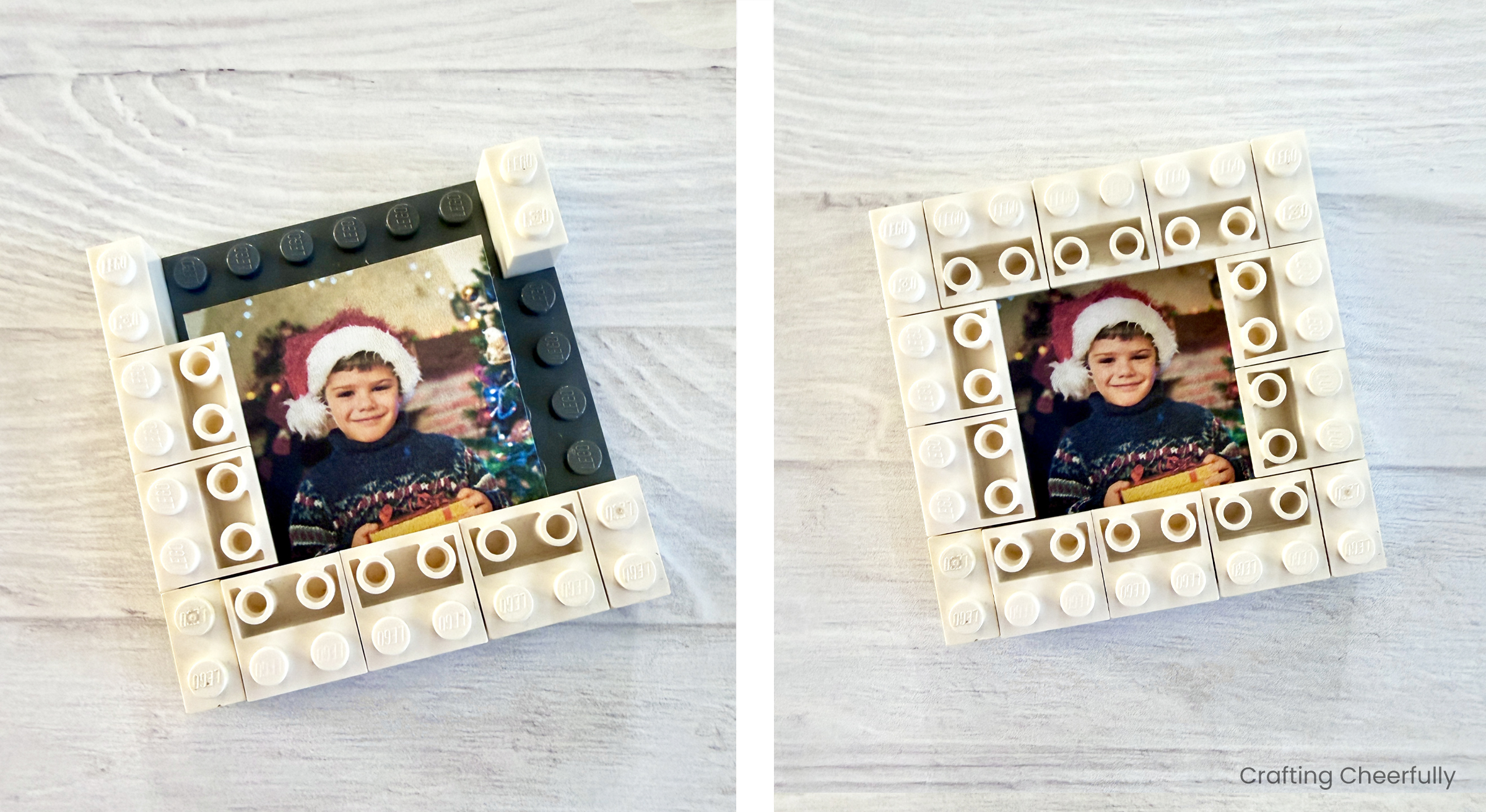 A small square photo is slid on top of the ornament and the other two sides are closed.