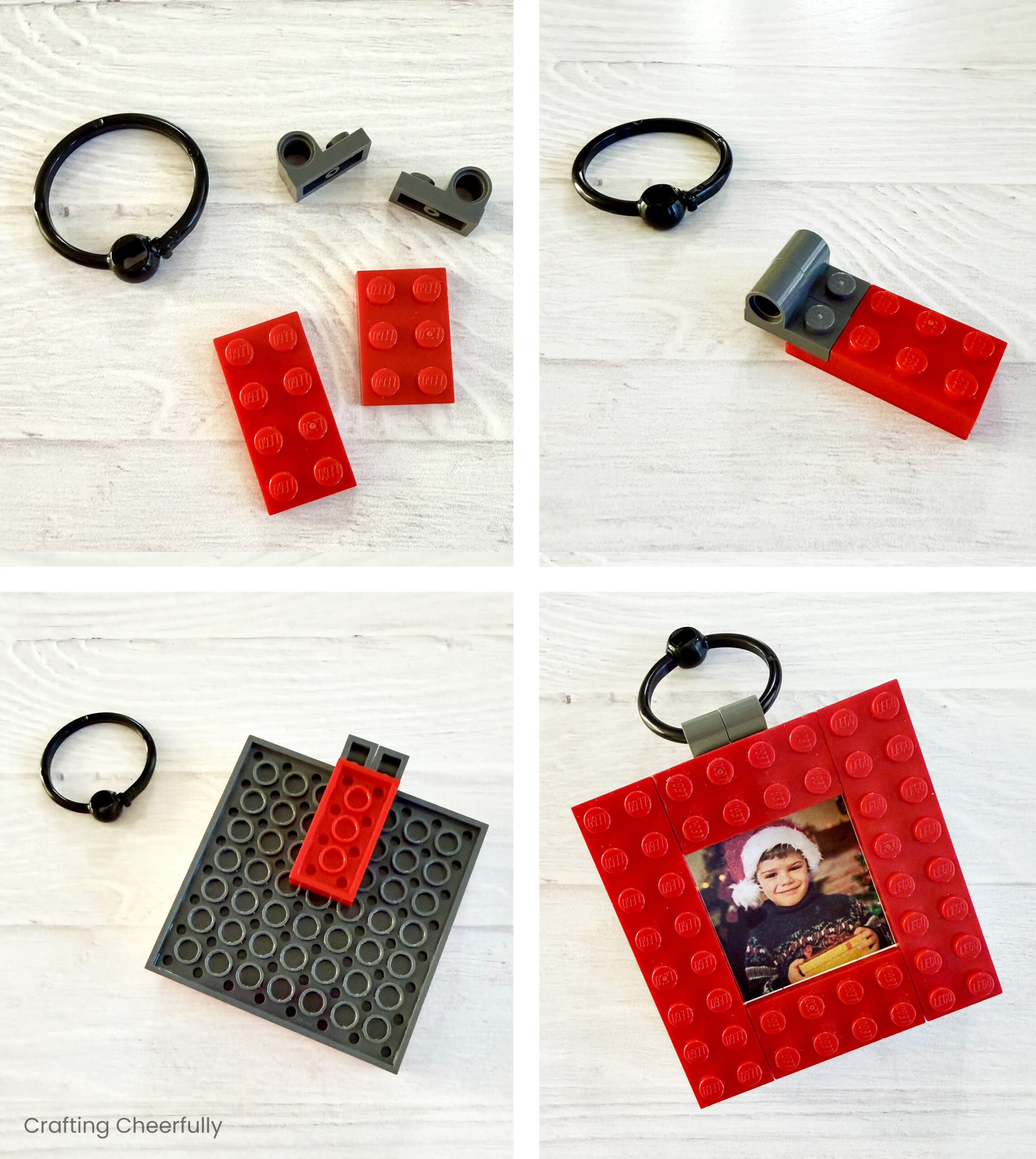 A collage showing the how the LEGO hanger loop is made and attached to the back of the LEGO frame.