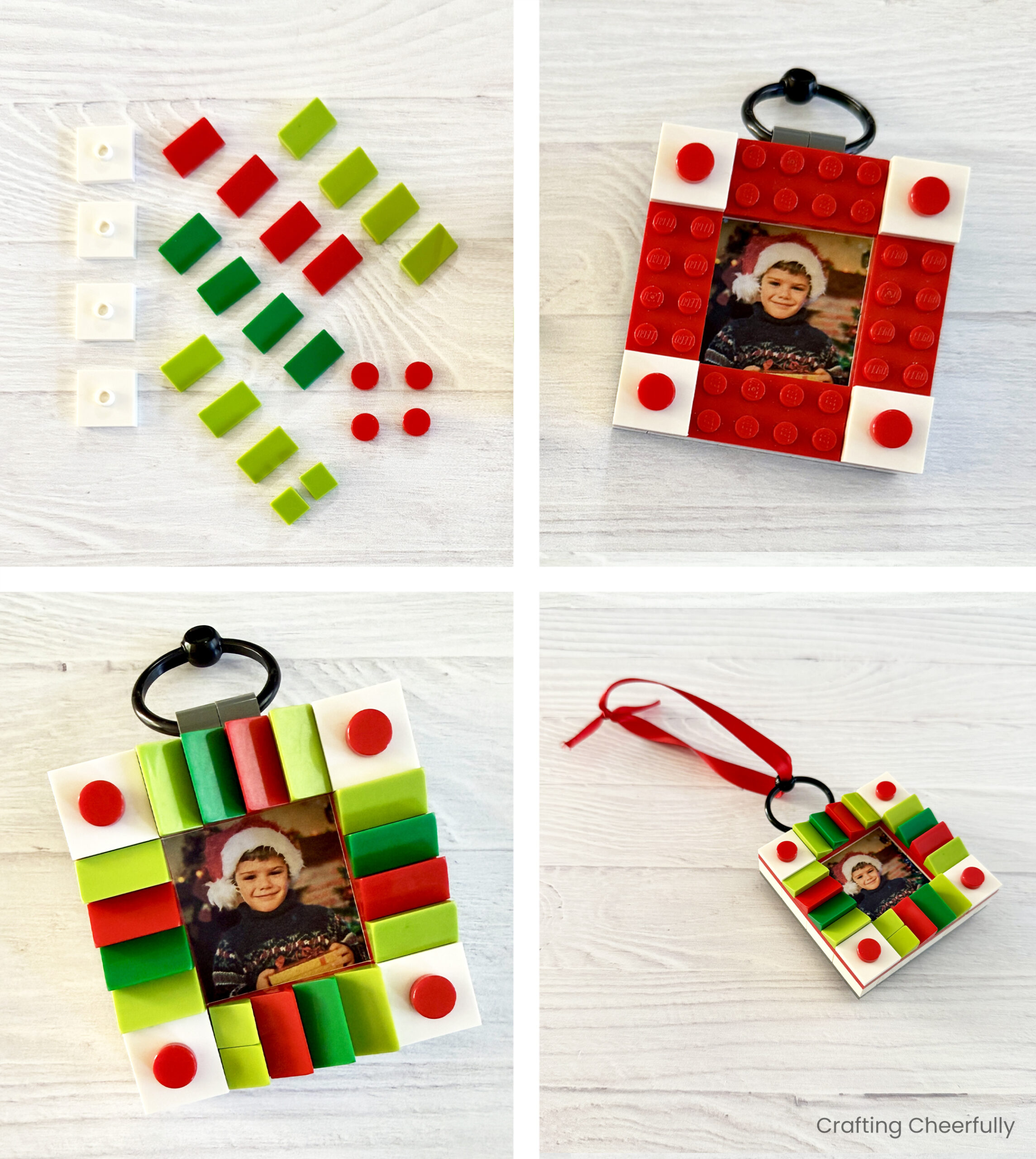 Collage showing one of the frame ornaments decorated with red, white and green pieces to create a fun pattern.