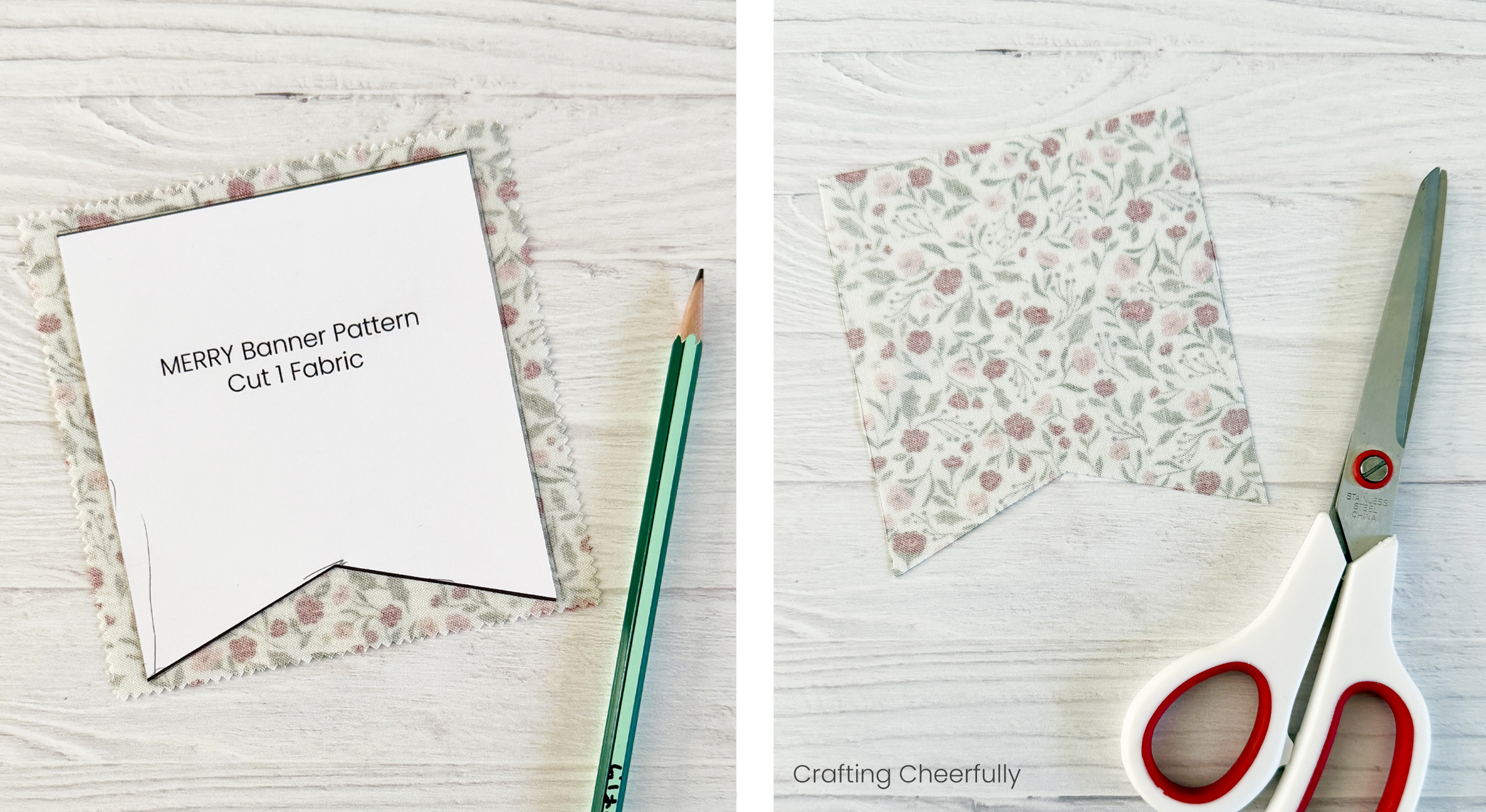 The pennant pattern piece is used to cut out a piece for the banner from holiday fabric.