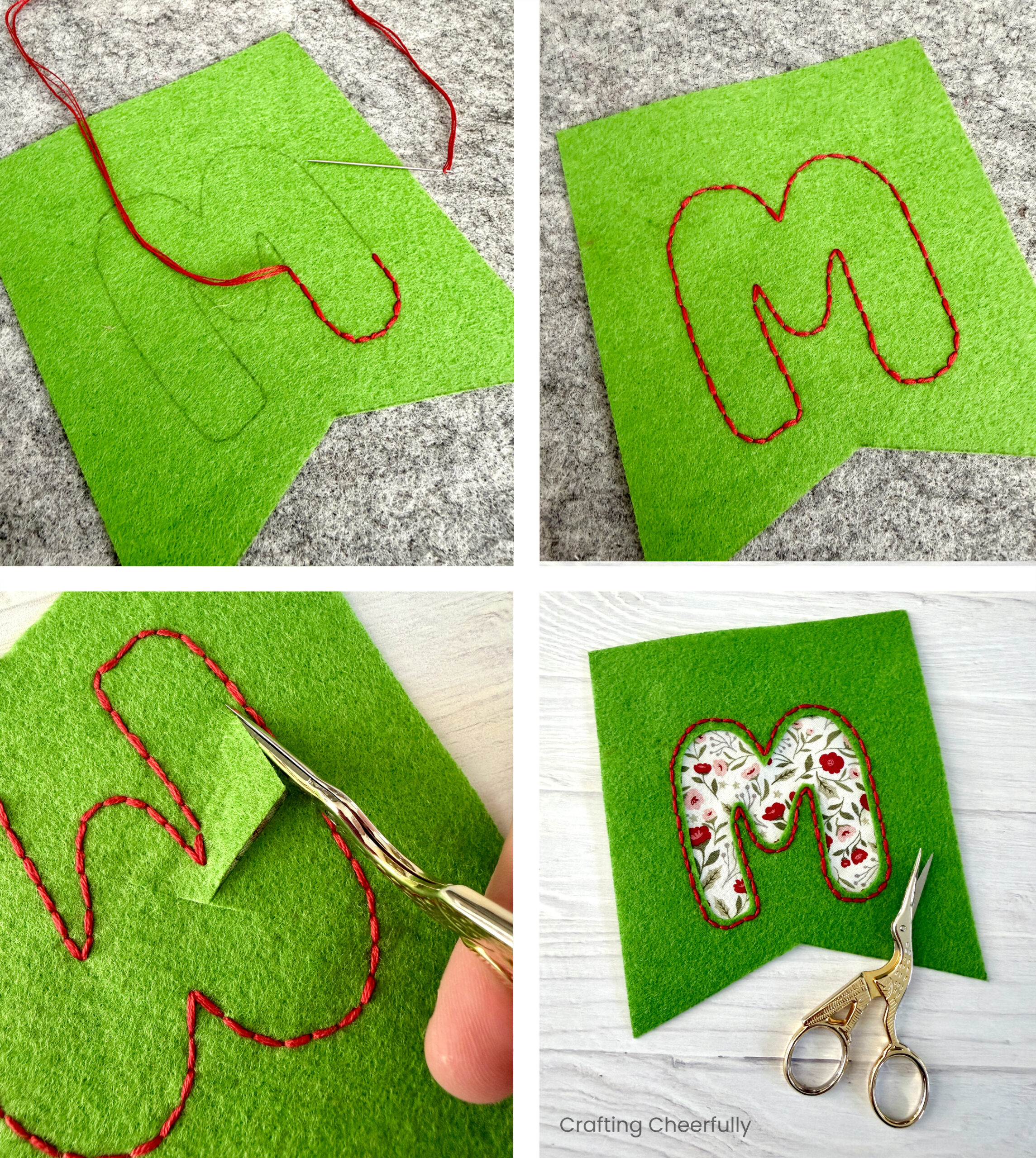 Collage showing the M pennant embroidered and trimmed away to reveal the fabric underneath.