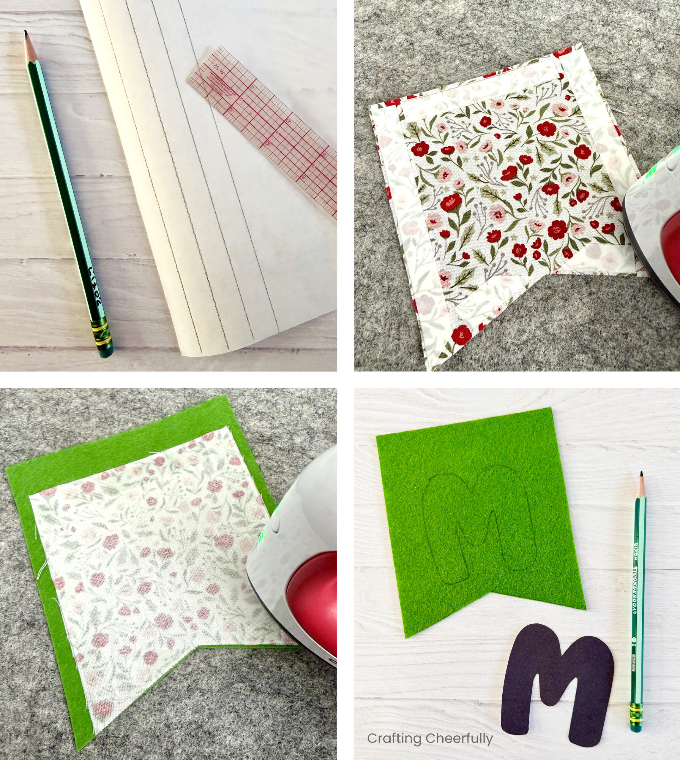 Collage showing the layers of the pennant adhered together using fusible interfacing.