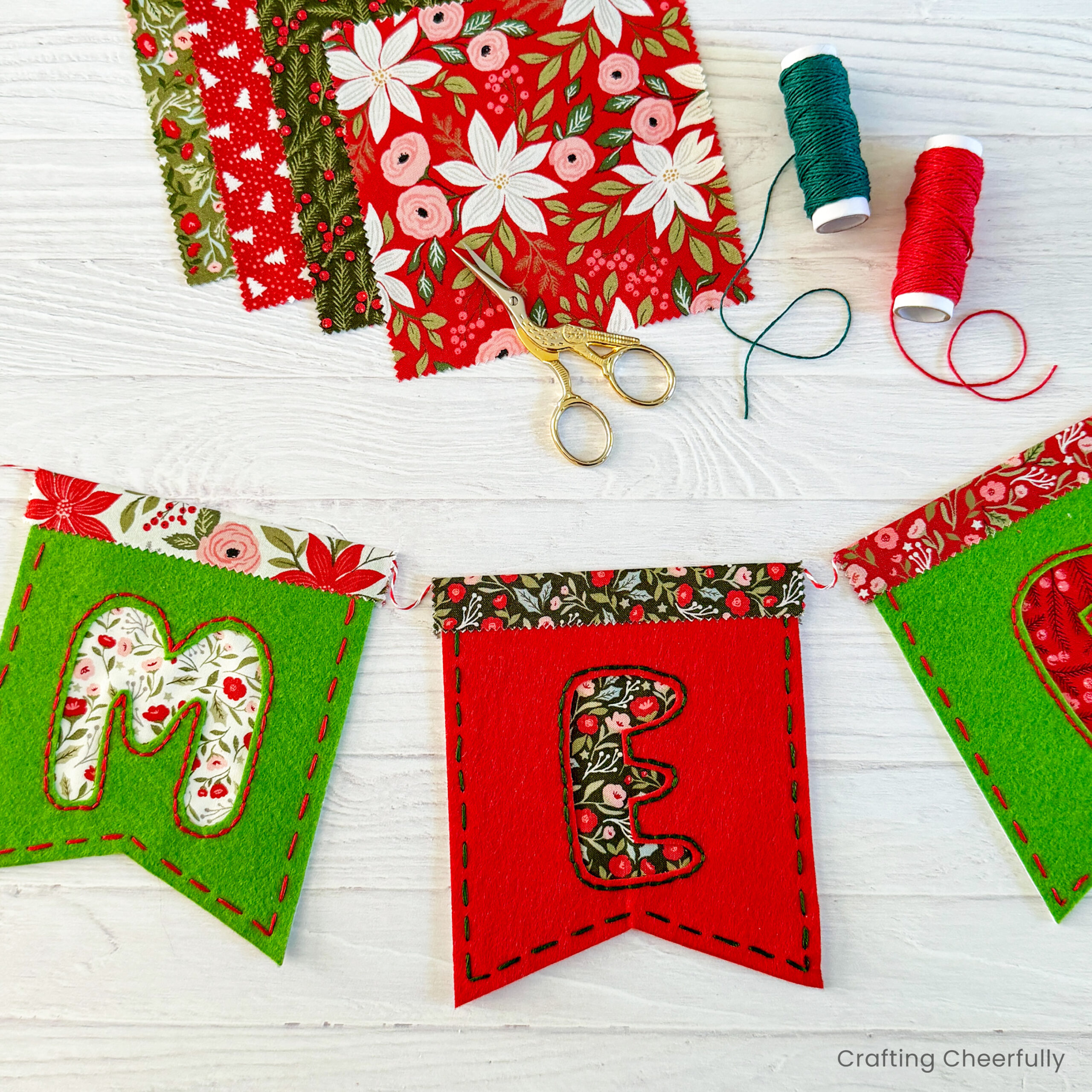 Reverse appliqué felt and fabric MERRY Christmas banner.