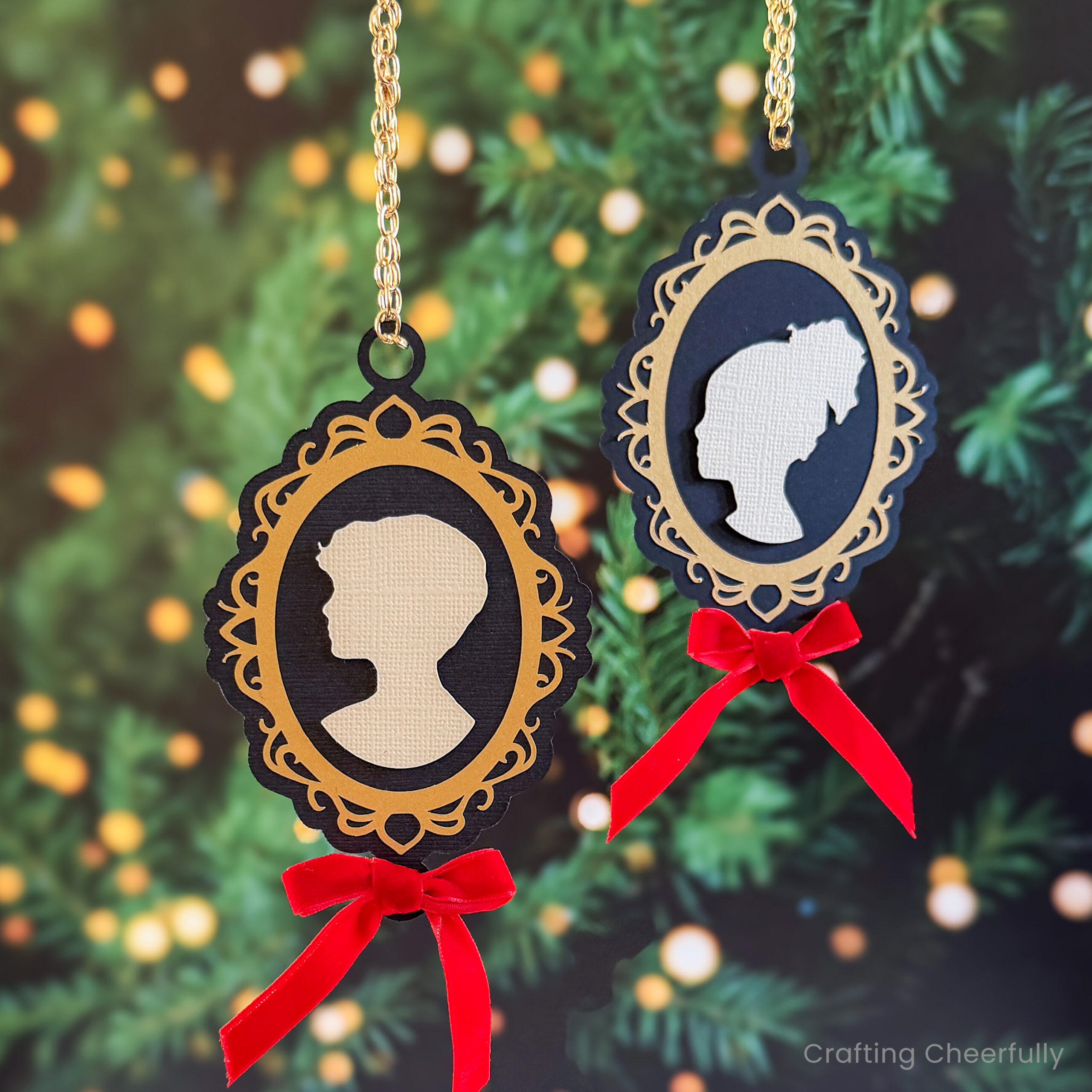 Cameo paper silhouette ornaments in black and gold.