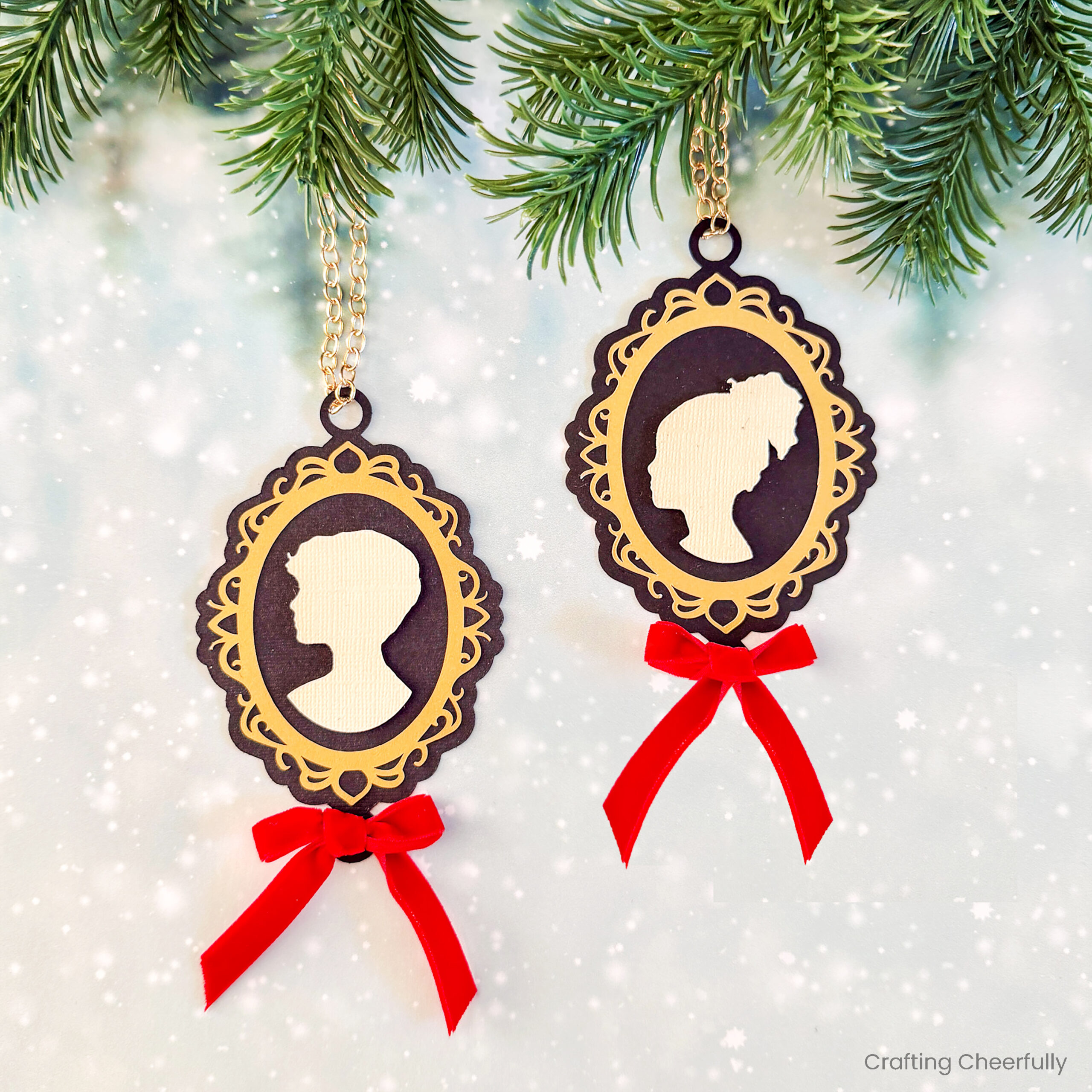 Cameo paper silhouette ornaments in black and gold.