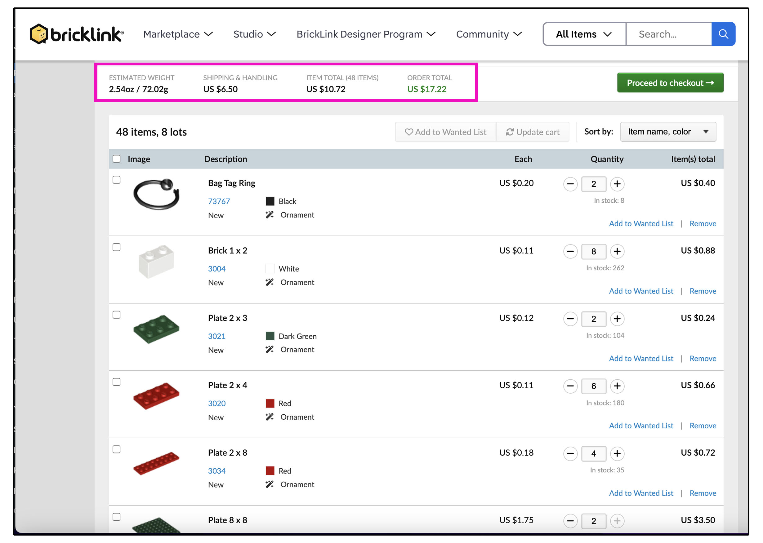 Lego Bricklink order ornaments.