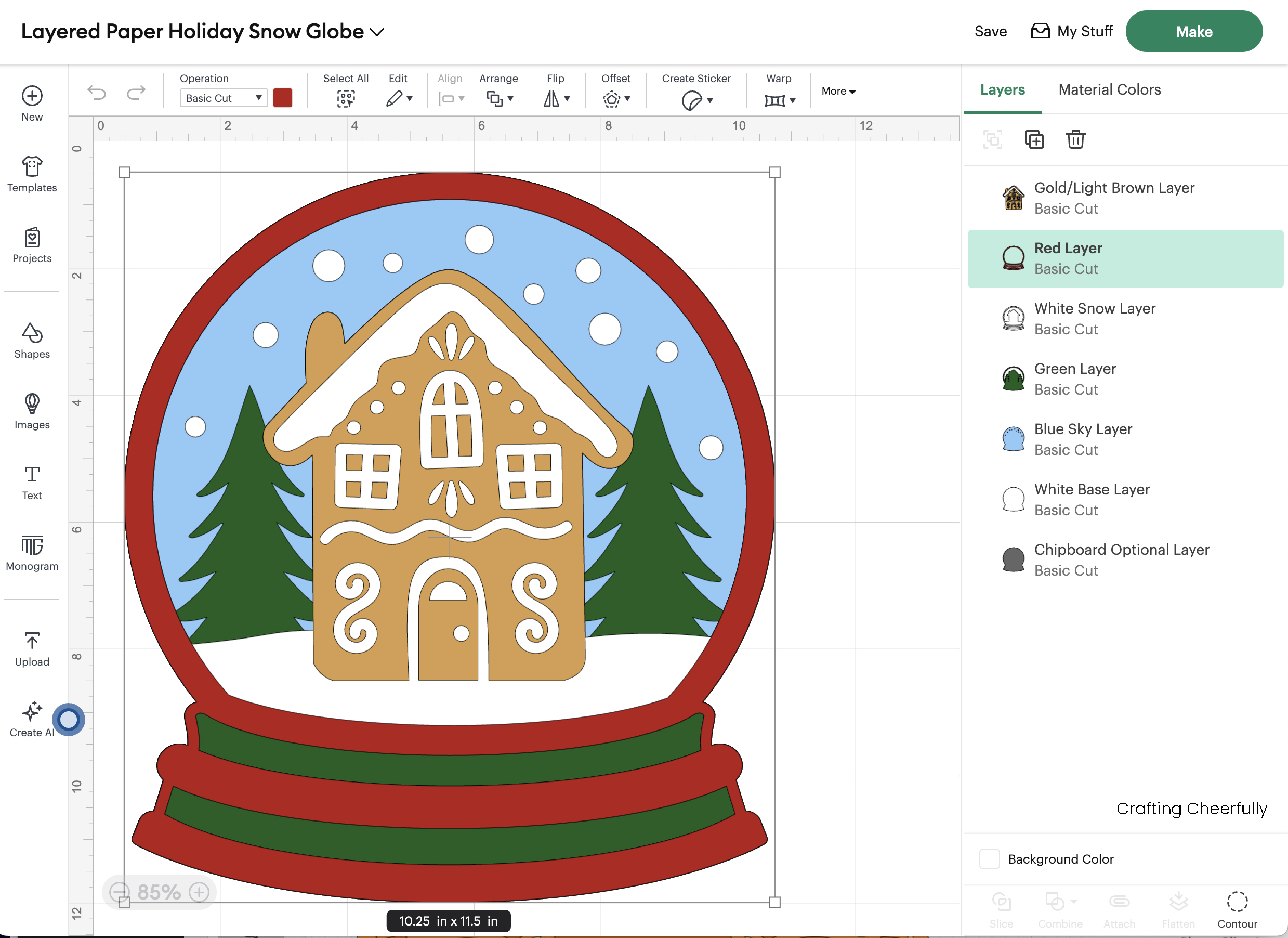 Holiday snow globe in Cricut Design Space.