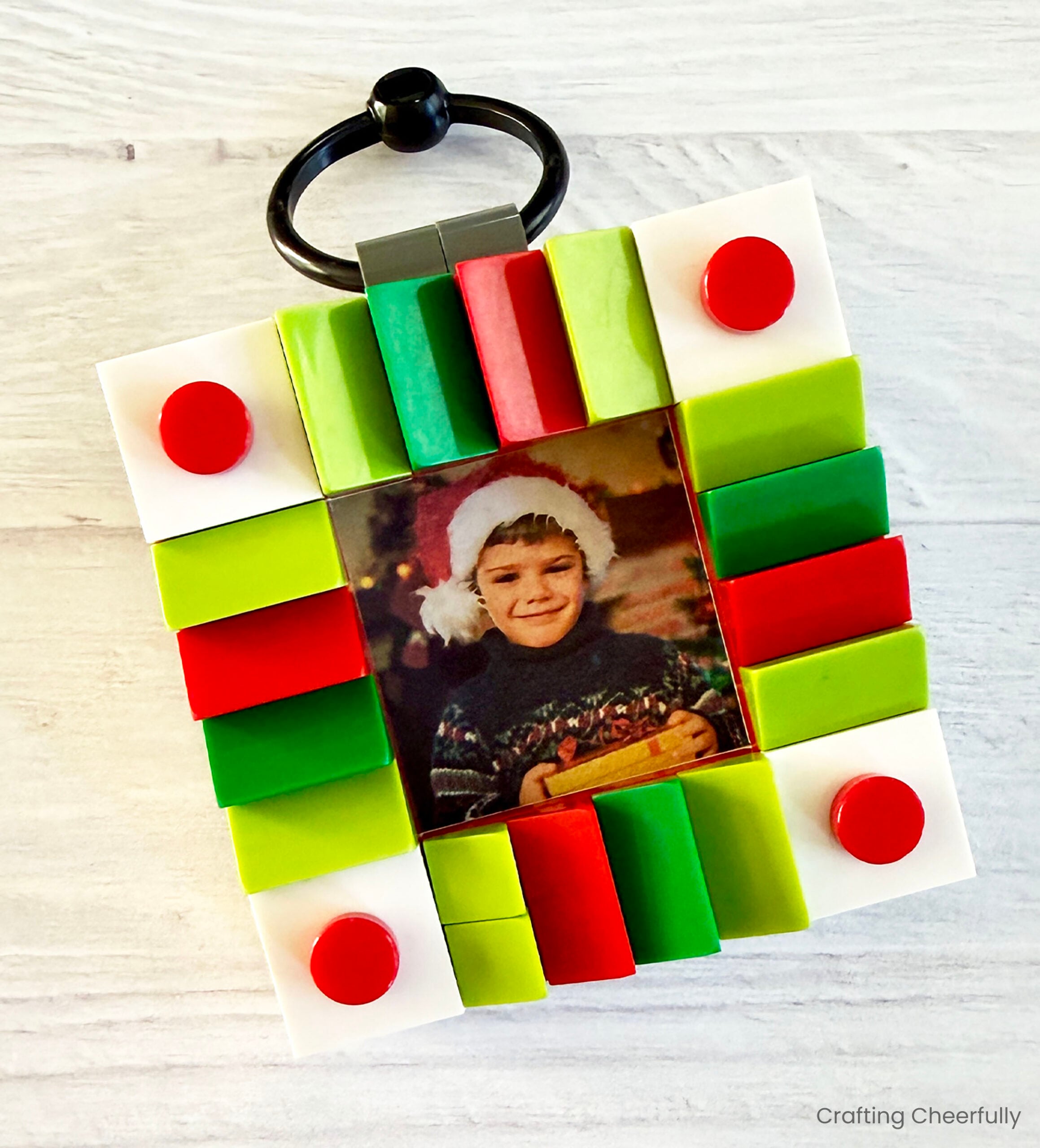 Red, white and green LEGO ornament frame.
