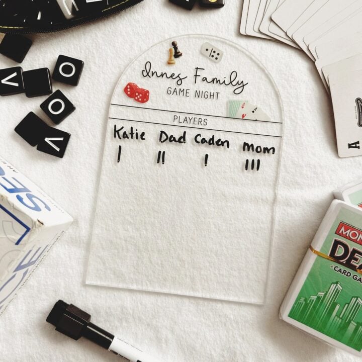 Modern Silo personalized family board game night score tracker dry erase board.